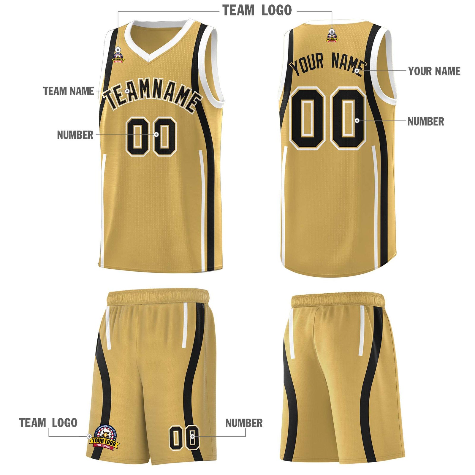 Custom Old Gold Black-White Ribbon Pattern Basketball Kits