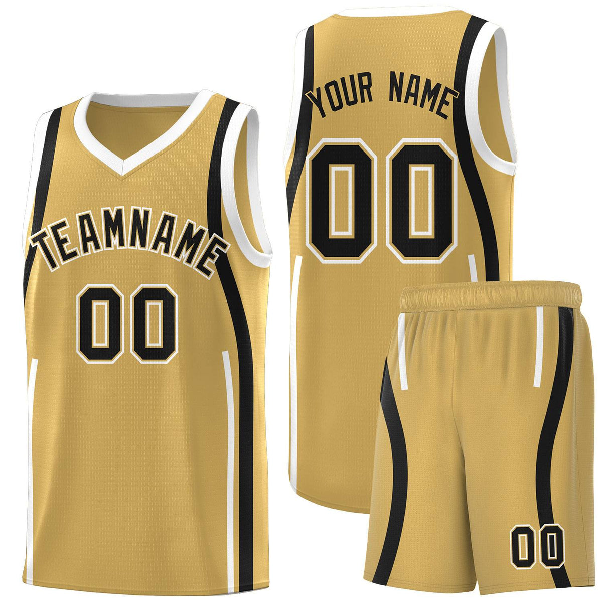 Custom Old Gold Black-White Ribbon Pattern Basketball Kits