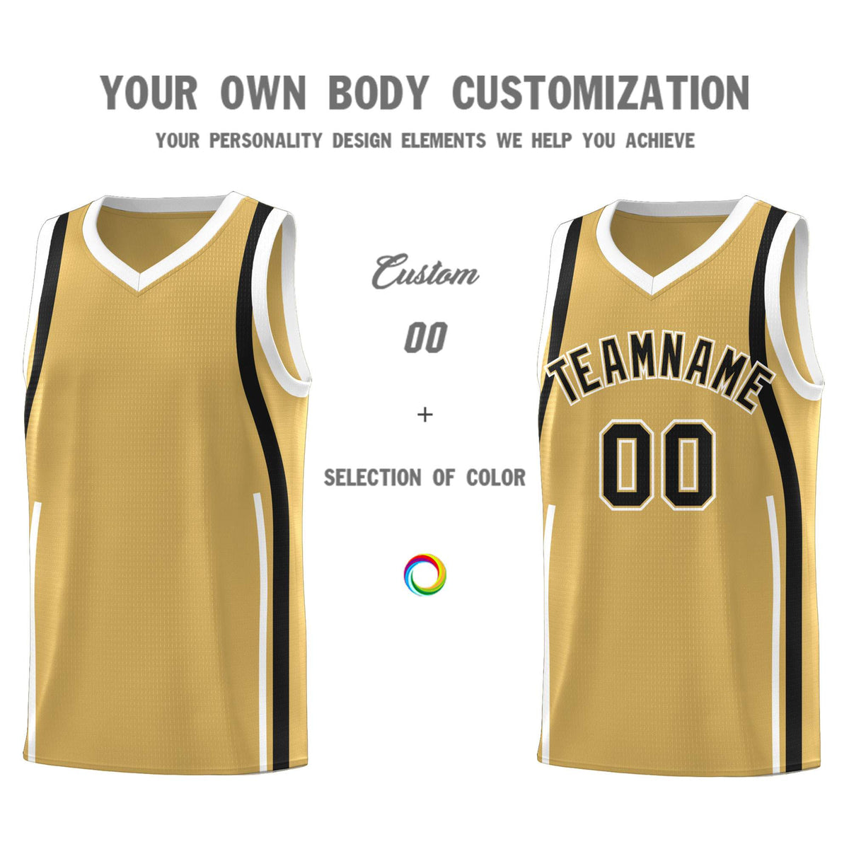 Custom Old Gold Black-White Ribbon Pattern Basketball Kits