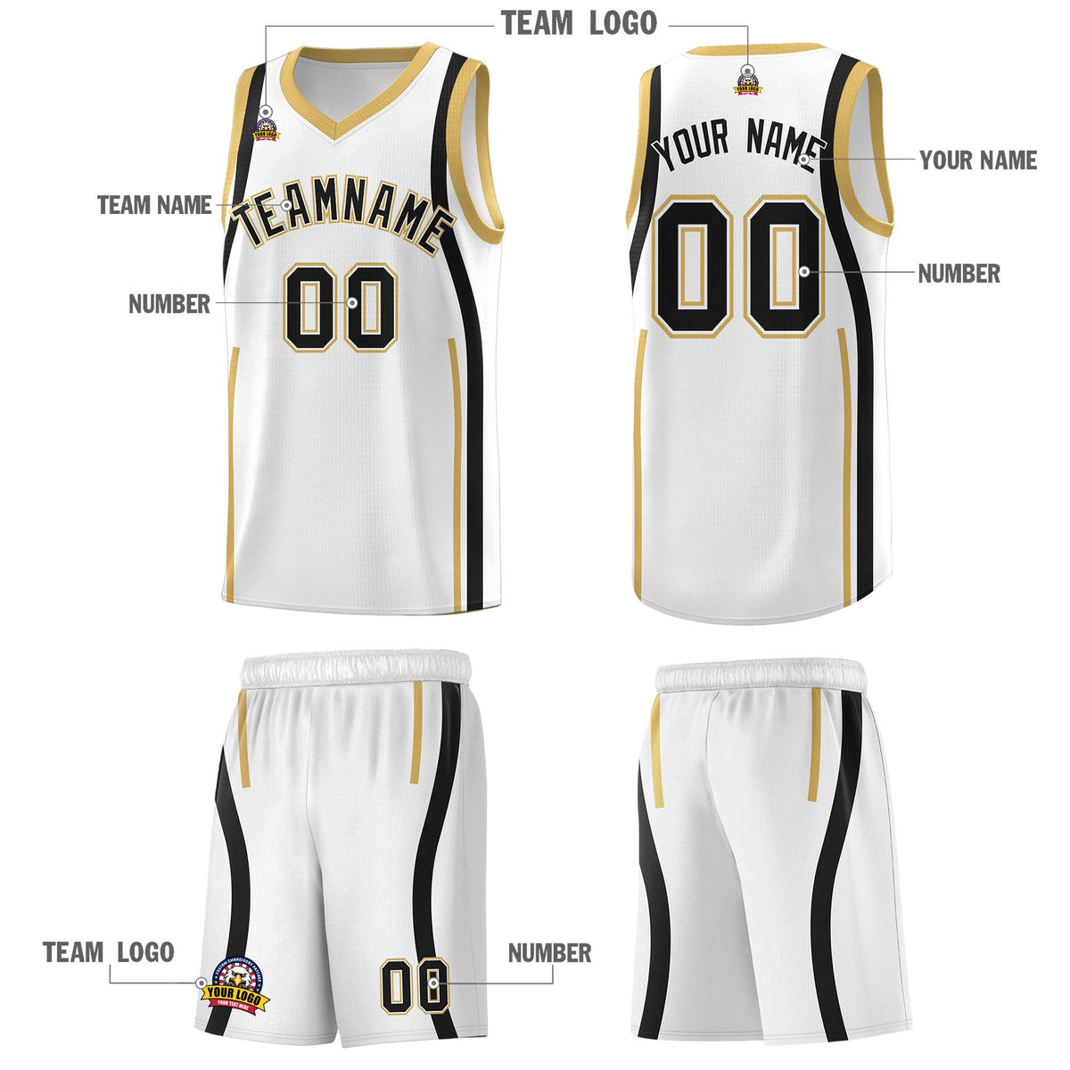 Custom White Black-White Ribbon Pattern Basketball Kits