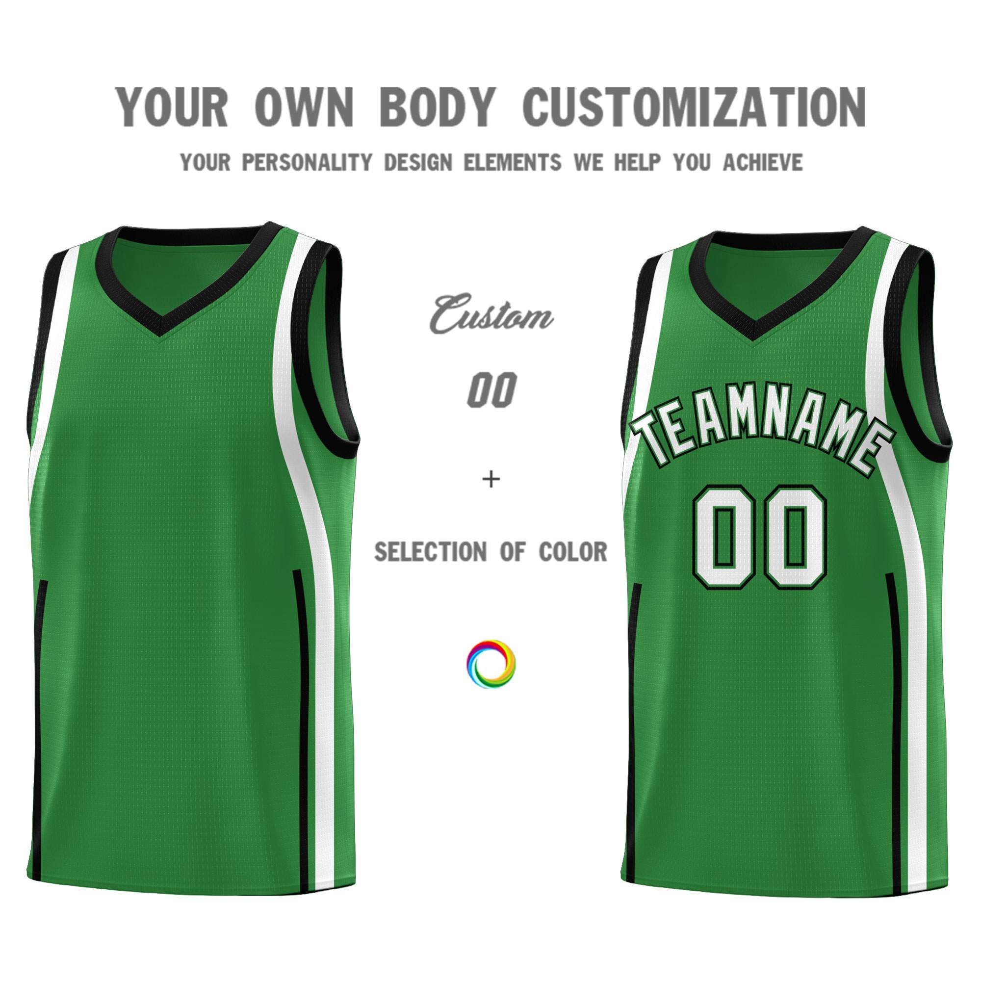 Custom Kelly Green Black-White Ribbon Pattern Basketball Kits