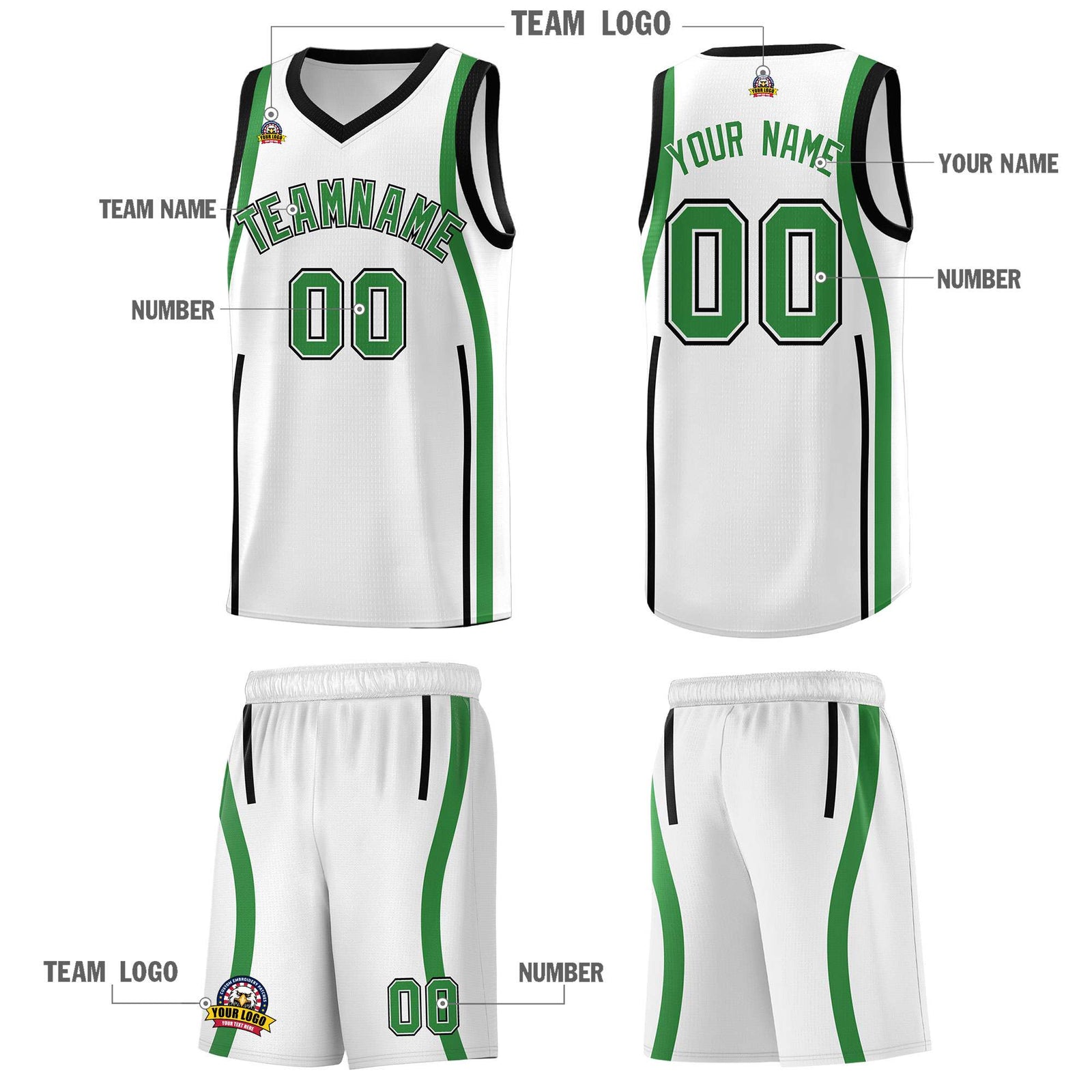Custom White Kelly Green-White Ribbon Pattern Basketball Kits