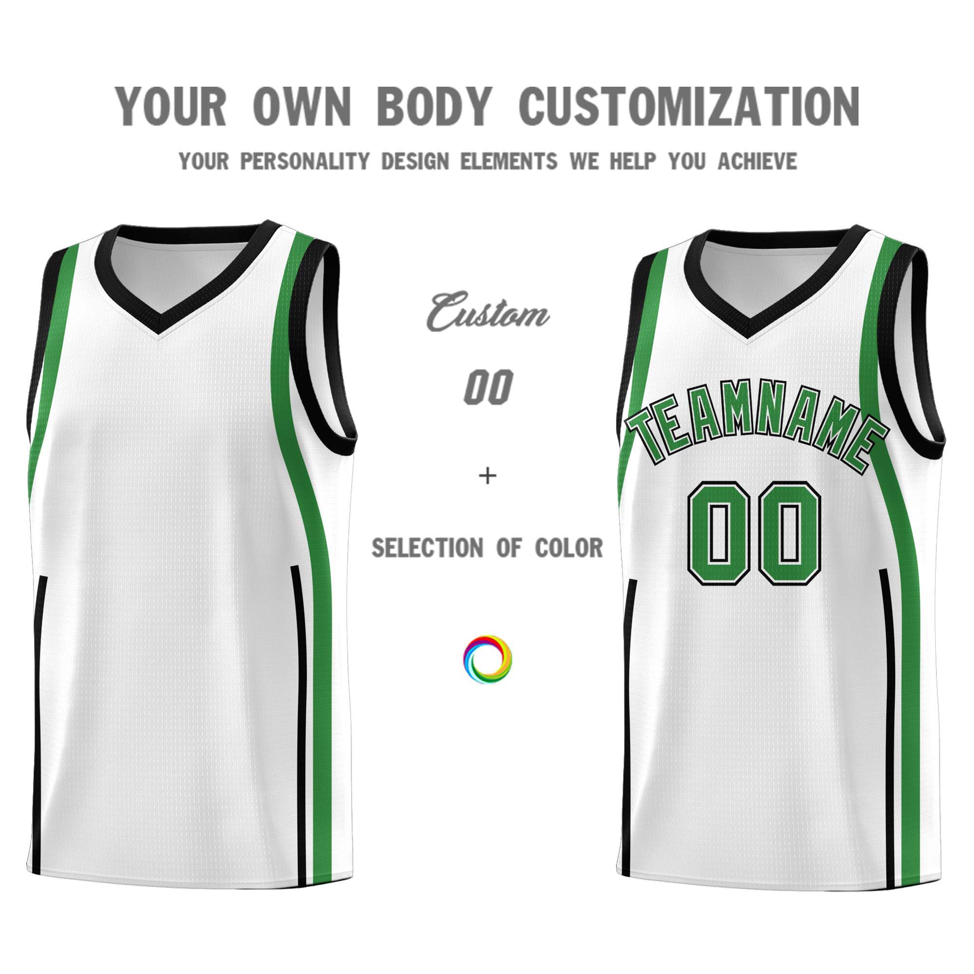 Custom White Kelly Green-White Ribbon Pattern Basketball Kits