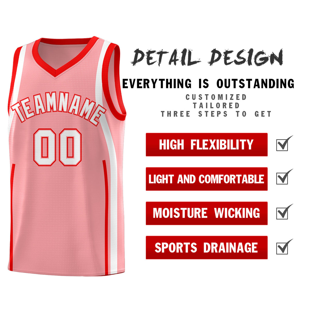 Custom Light Pink Light Red-White Ribbon Pattern Basketball Kits