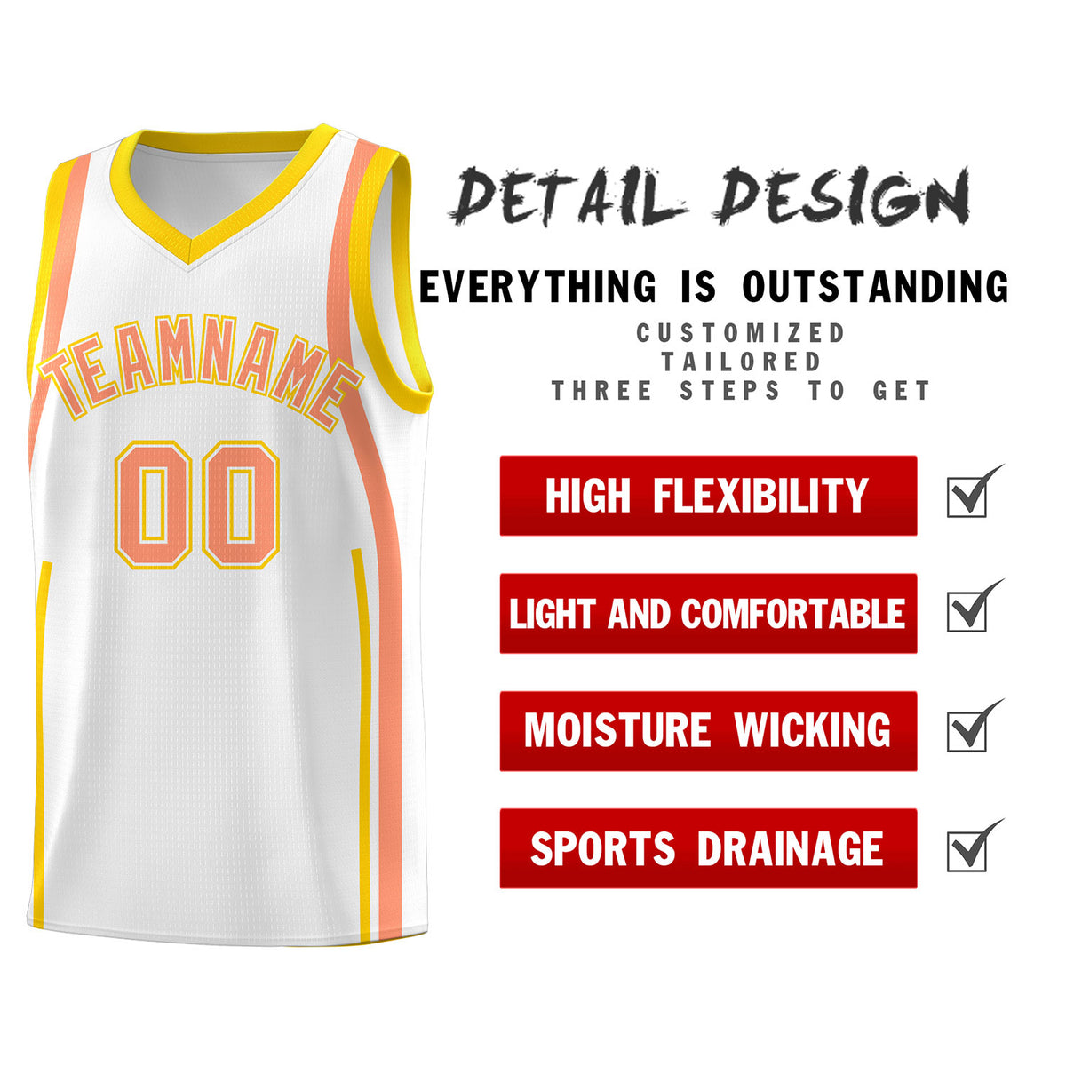 Custom White Light Orange-Gold Ribbon Pattern Basketball Kits