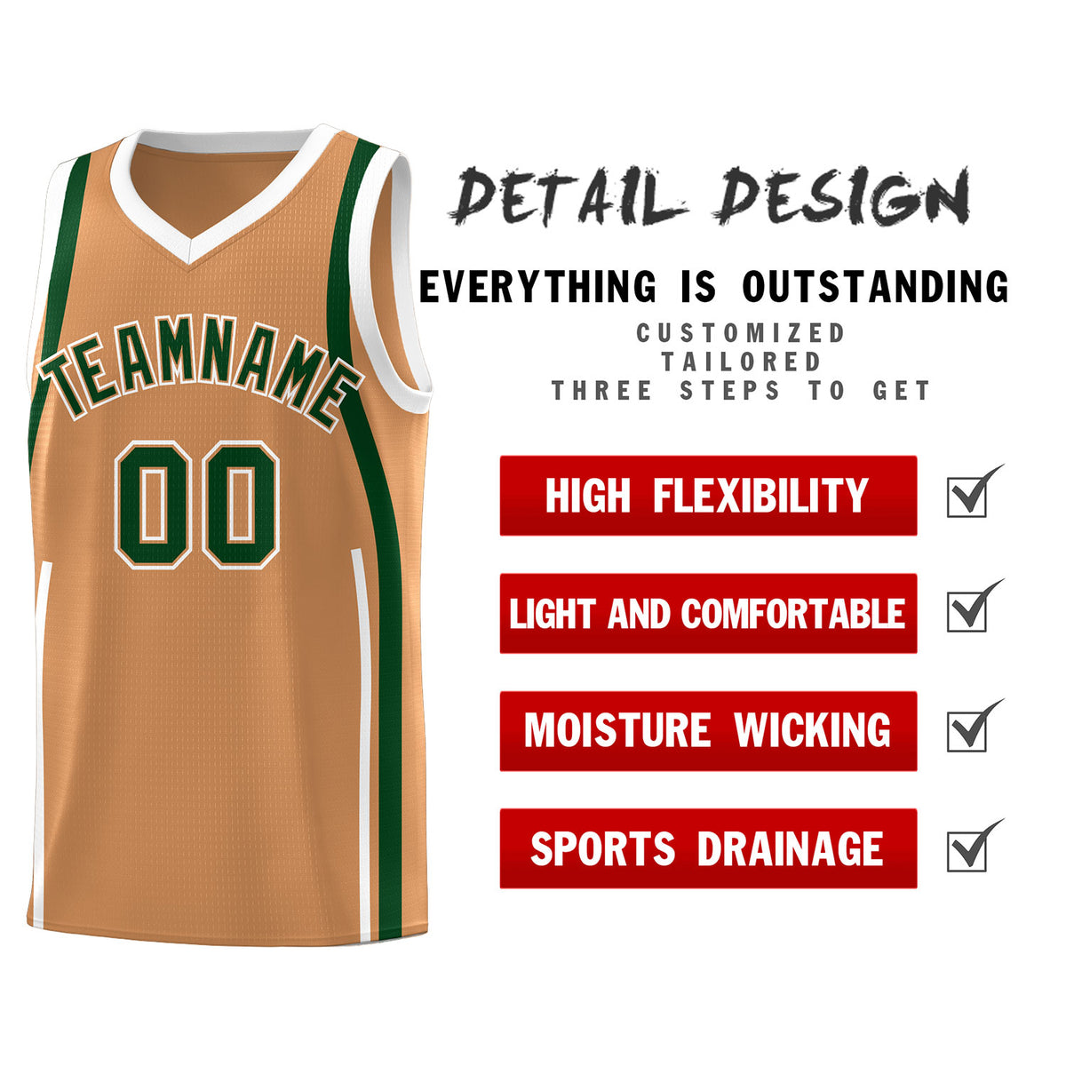 Custom Buckskin Brown Green-White Ribbon Pattern Basketball Kits