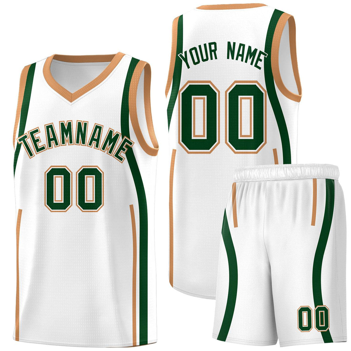 Custom White Green-Buckskin Brown Ribbon Pattern Basketball Kits