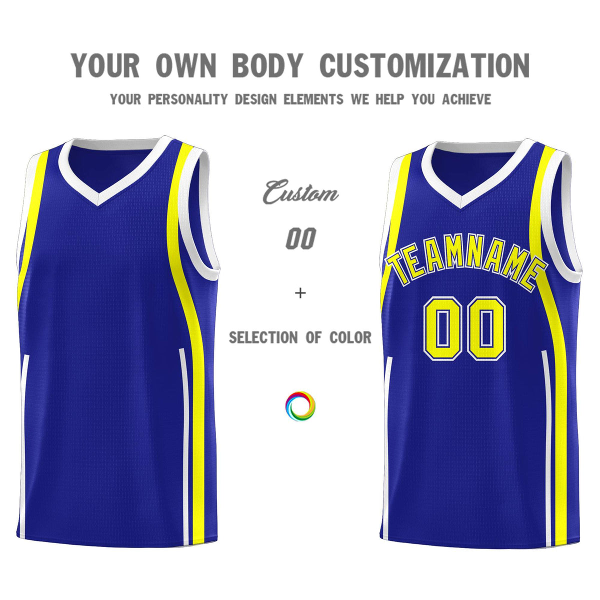 Custom Royal Fluorescent Yellow-White Ribbon Pattern Basketball Kits