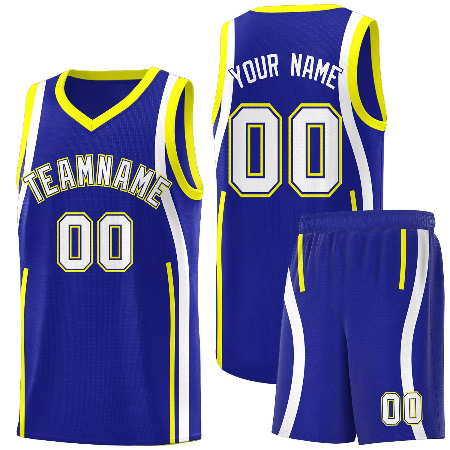 Custom Royal Fluorescent Yellow-White Ribbon Pattern Basketball Kits