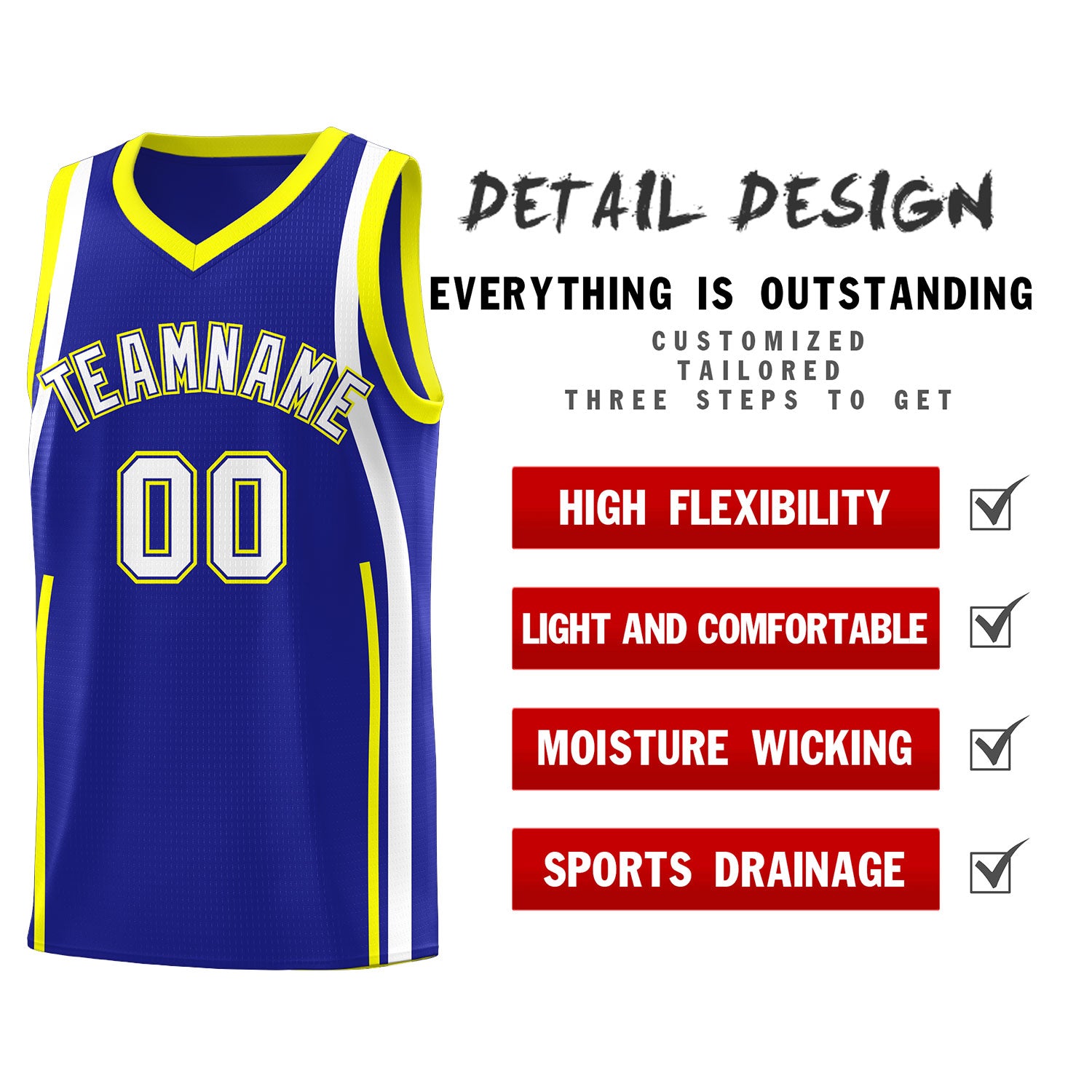 Custom Royal Fluorescent Yellow-White Ribbon Pattern Basketball Kits