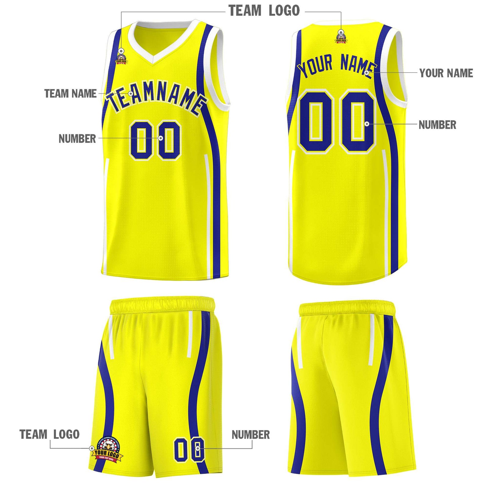 Custom Fluorescent Yellow Royal-White Ribbon Pattern Basketball Kits