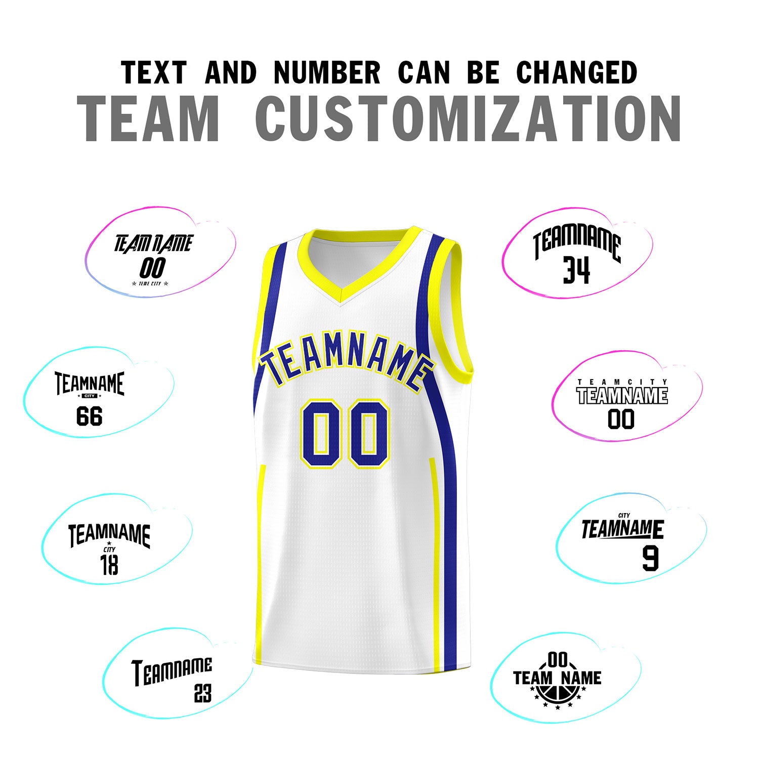 Custom White Royal-Fluorescent Yellow Ribbon Pattern Basketball Kits