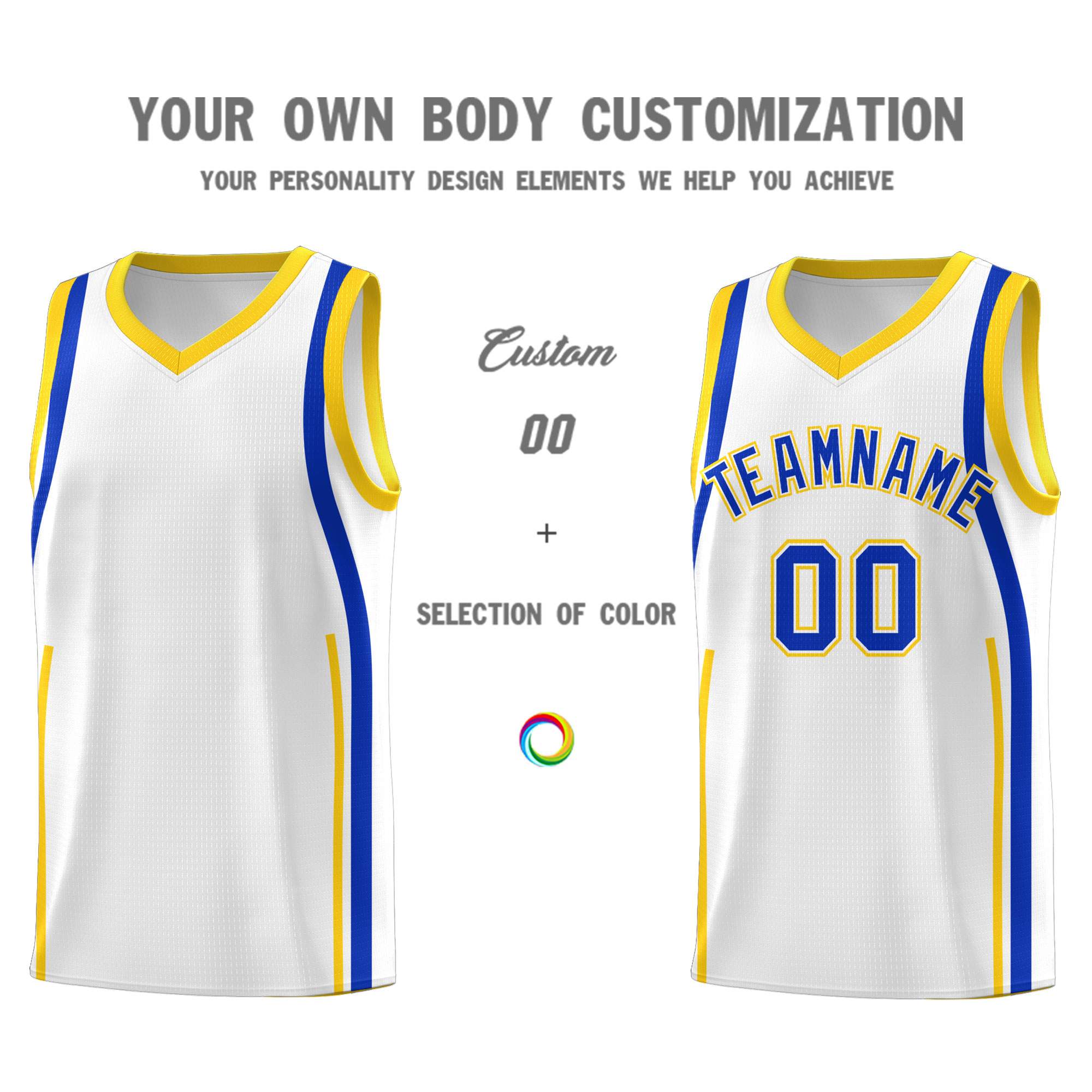 Custom White Royal-Gold Ribbon Pattern Basketball Kits