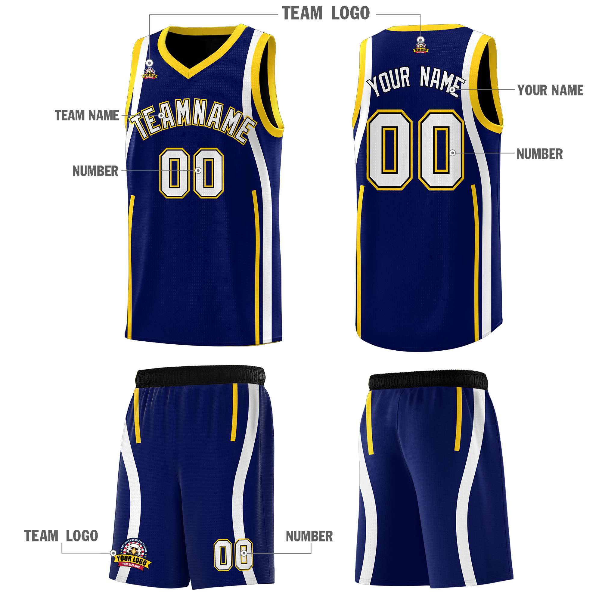 Custom Navy Gold-White Ribbon Pattern Basketball Kits