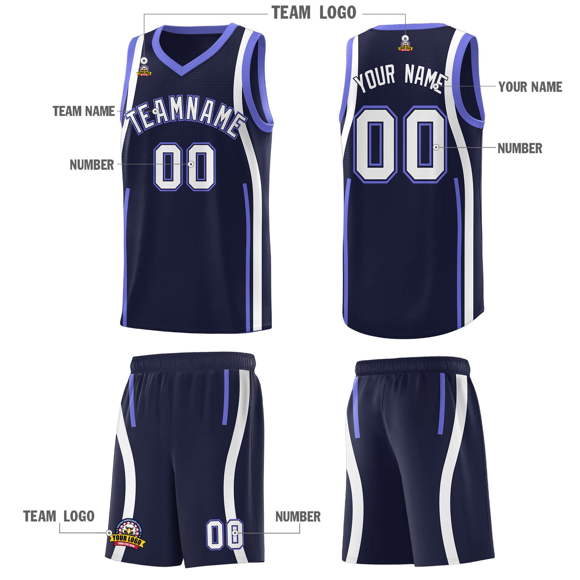 Custom Navy Purple-White Ribbon Pattern Basketball Kits