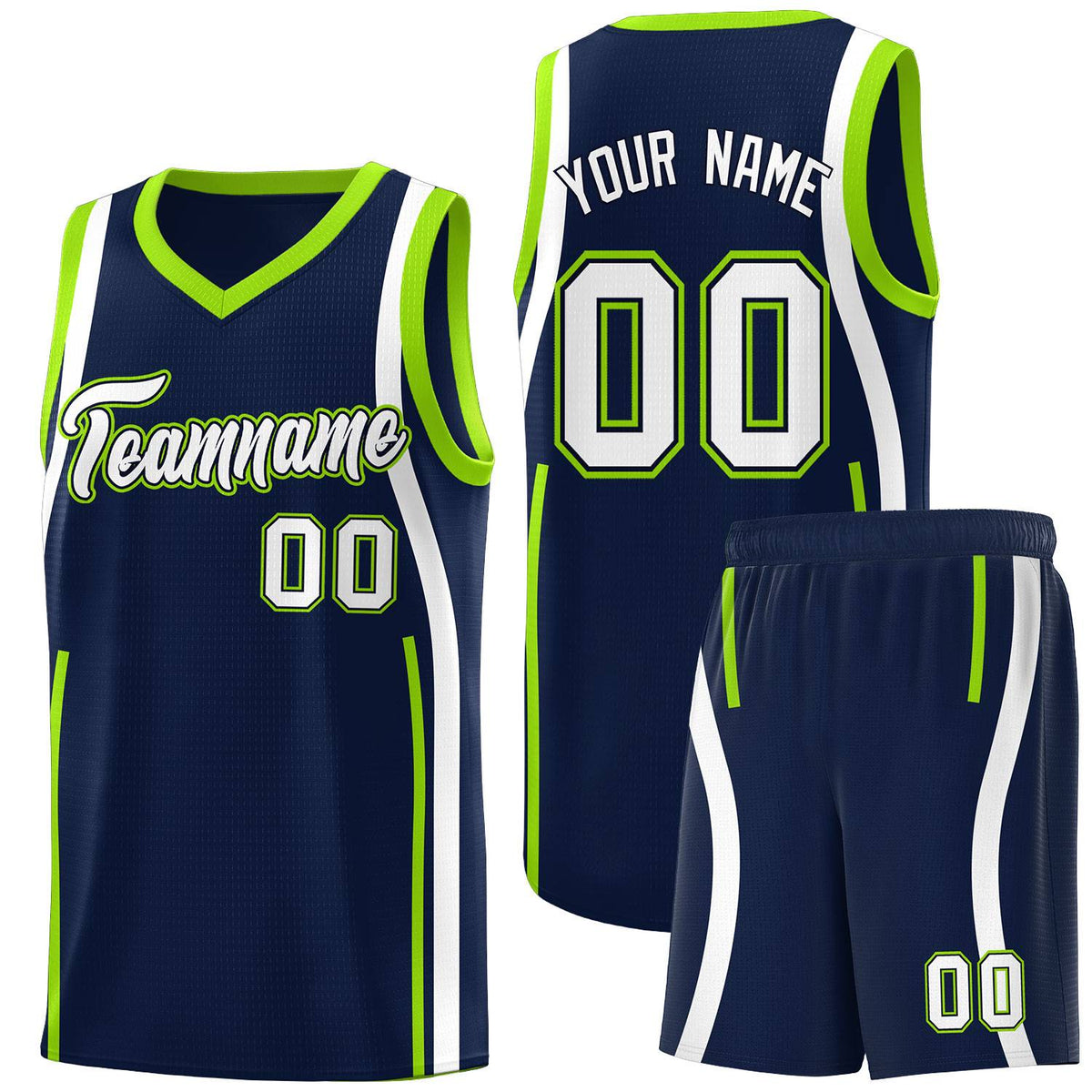 Custom Navy White-Fluorescent Green Ribbon Pattern Basketball Kits