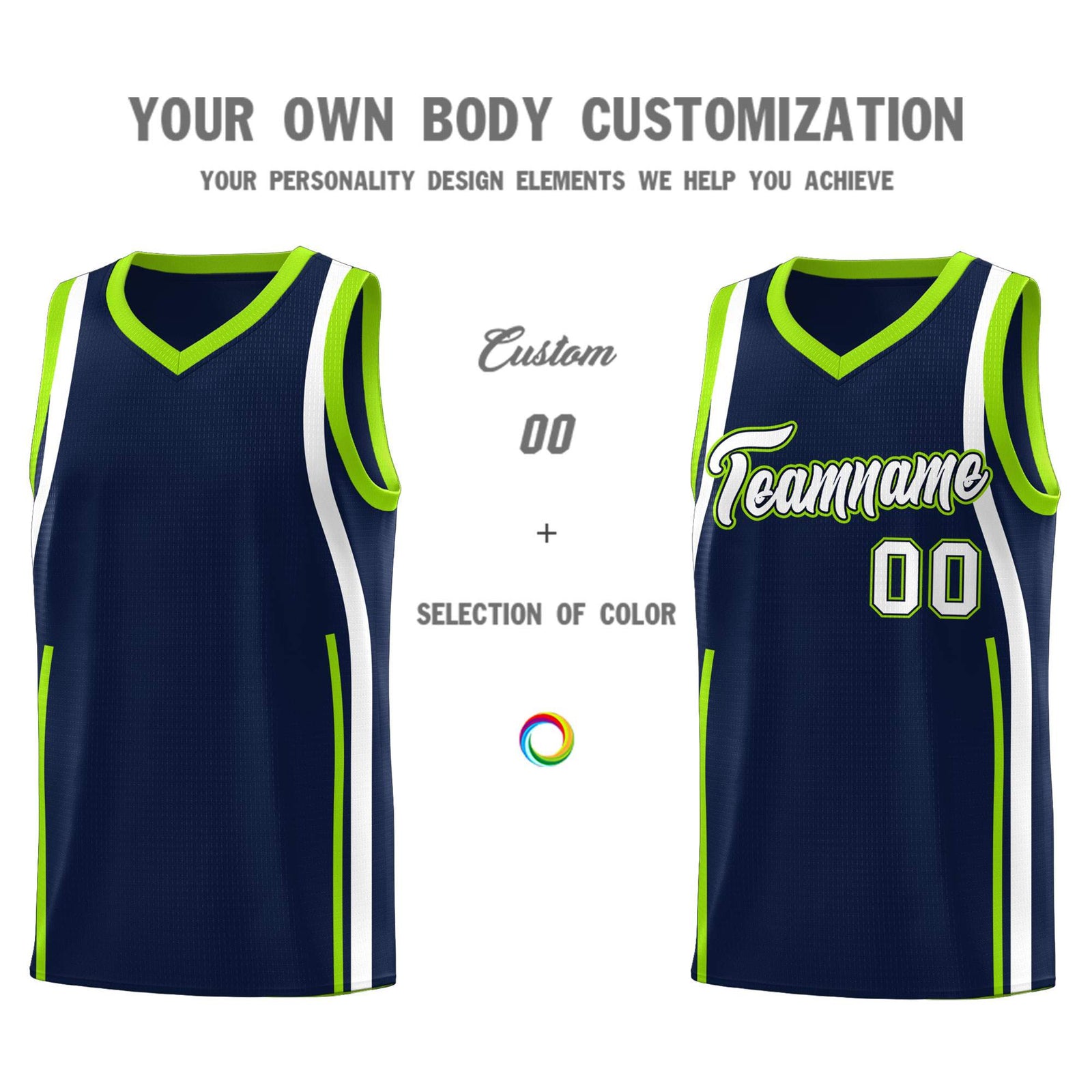 Custom Navy White-Fluorescent Green Ribbon Pattern Basketball Kits