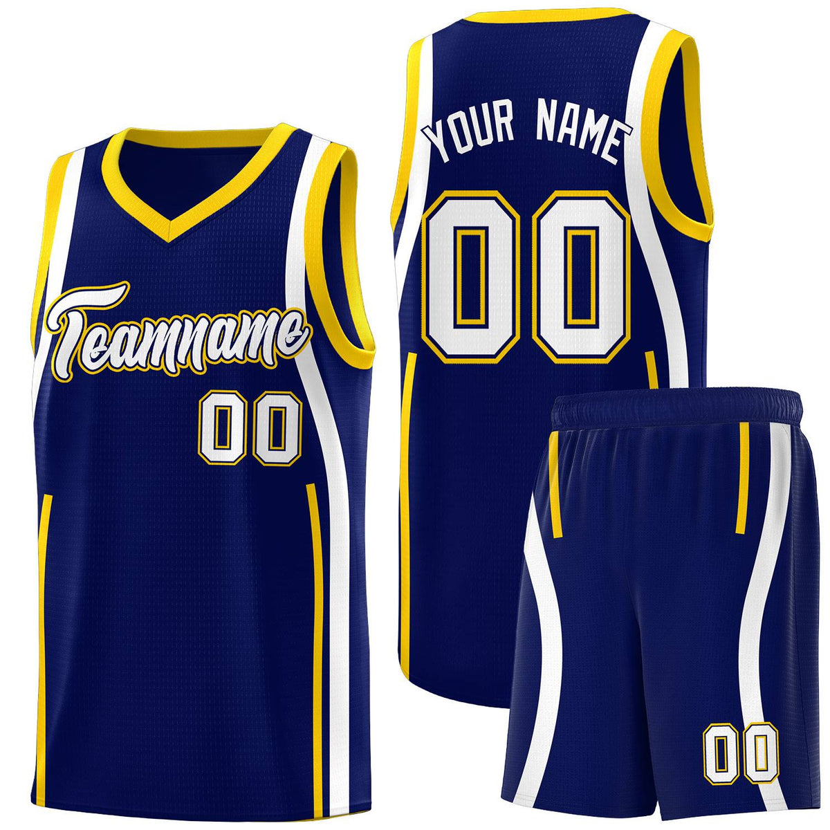Custom Navy Gold-White Ribbon Pattern Basketball Kits