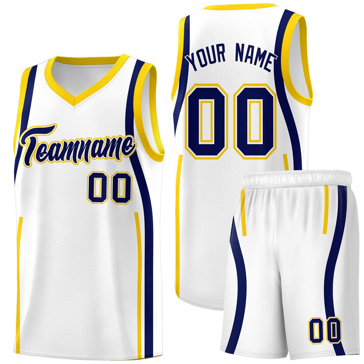 Custom White Navy-Gold Ribbon Pattern Basketball Kits