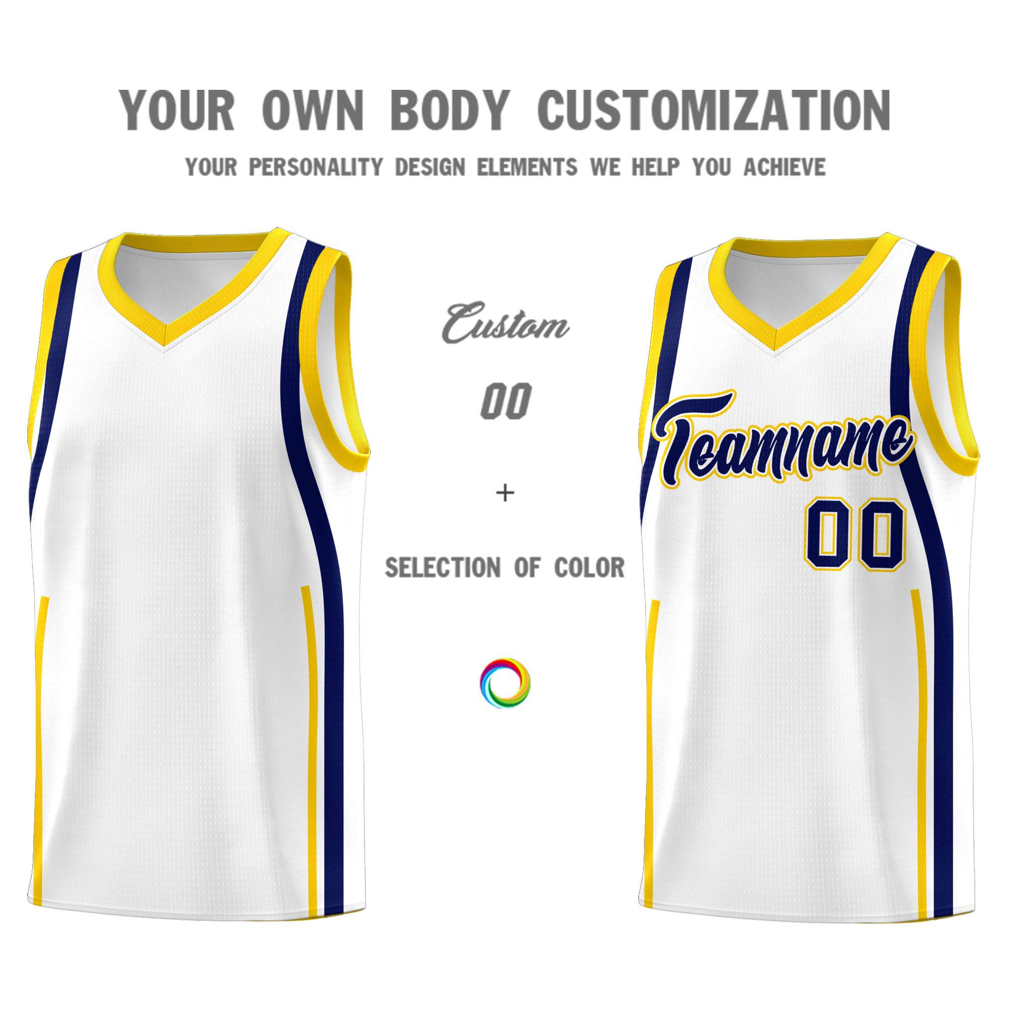 Custom White Navy-Gold Ribbon Pattern Basketball Kits