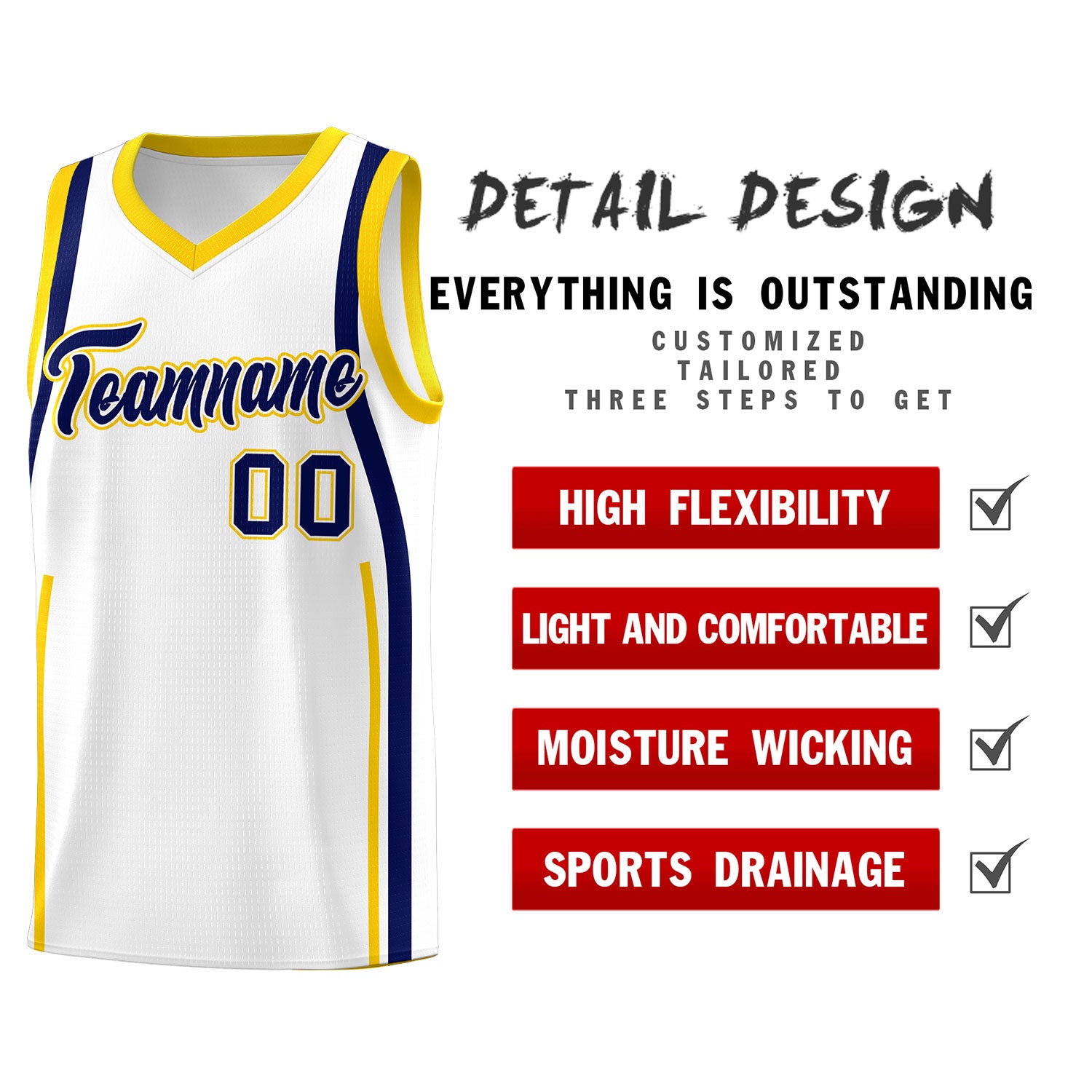 Custom White Navy-Gold Ribbon Pattern Basketball Kits