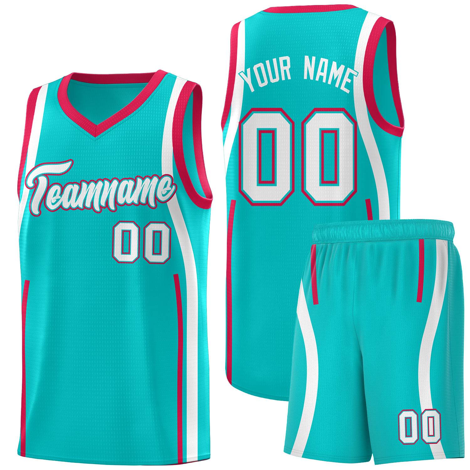 Custom Aqua Red-White Ribbon Pattern Basketball Kits