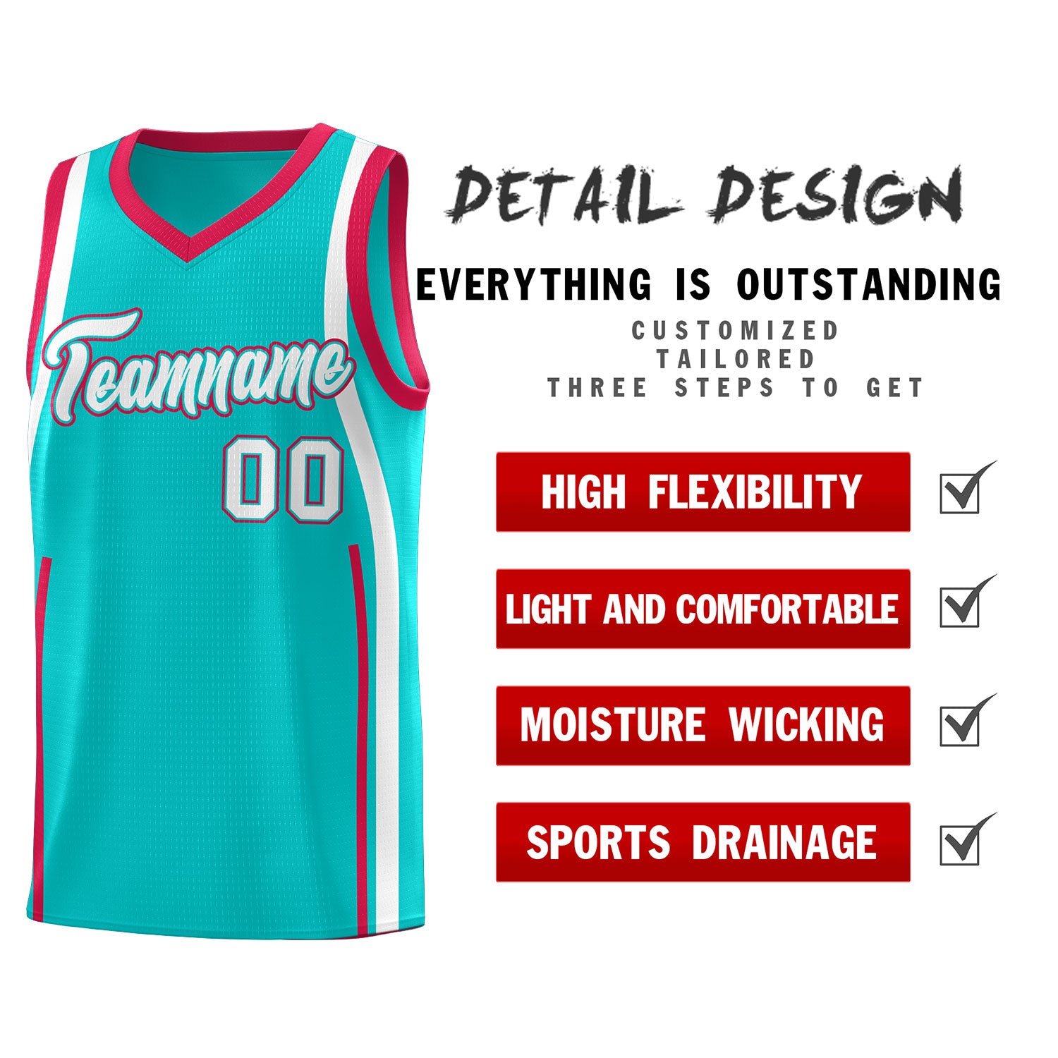Custom Aqua Red-White Ribbon Pattern Basketball Kits