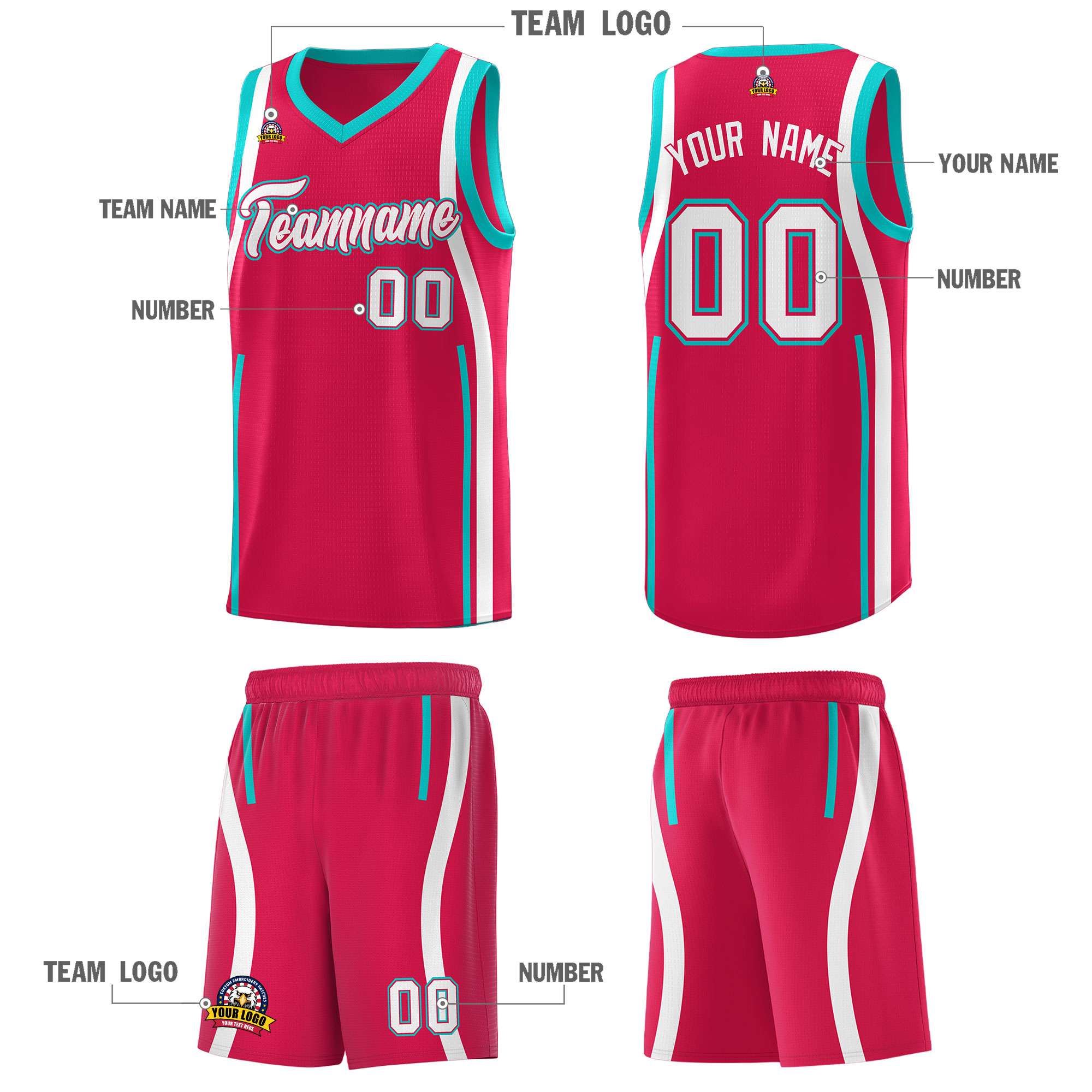 Custom Red Aqua-White Ribbon Pattern Basketball Kits