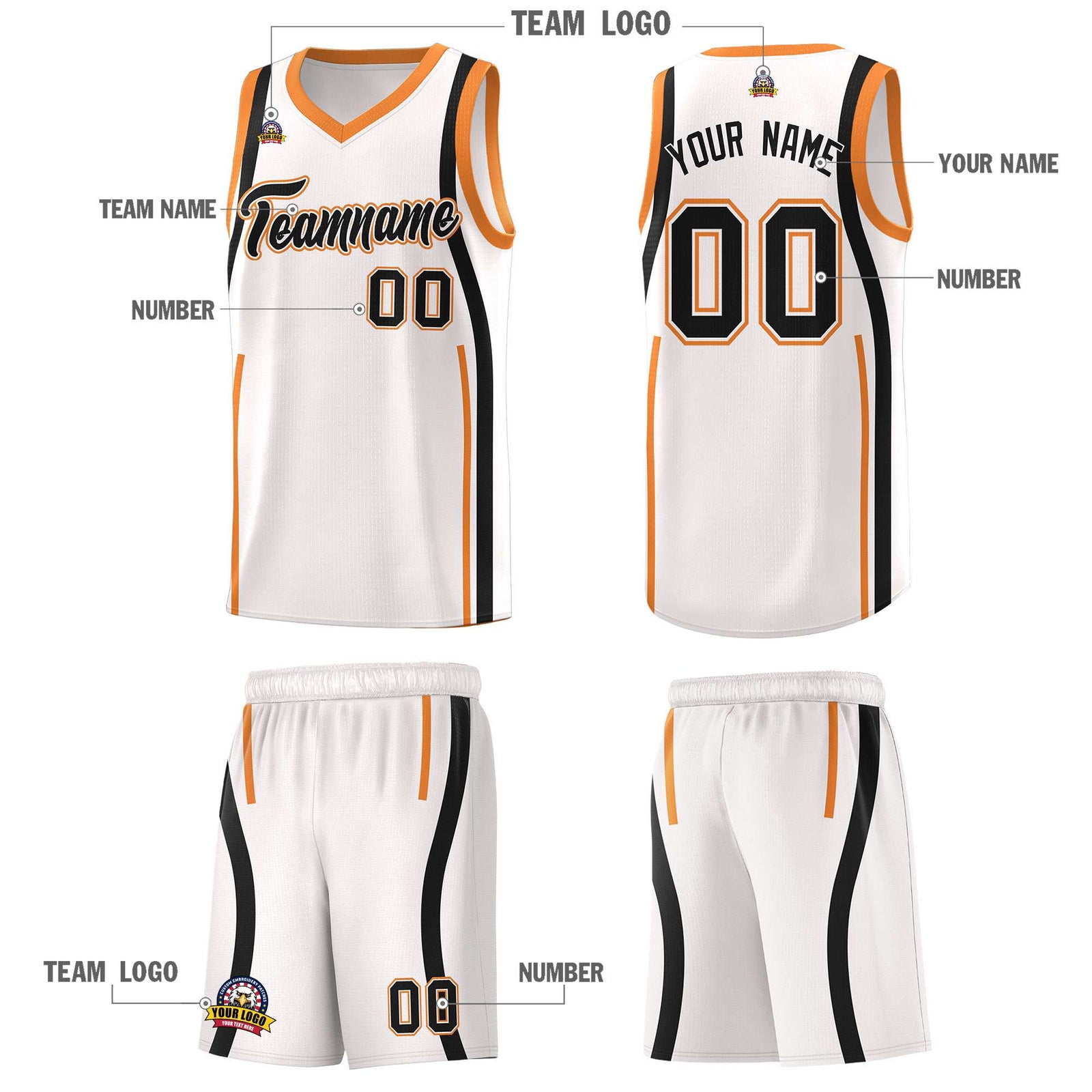 Custom White Gold Orange-Black Ribbon Pattern Basketball Kits