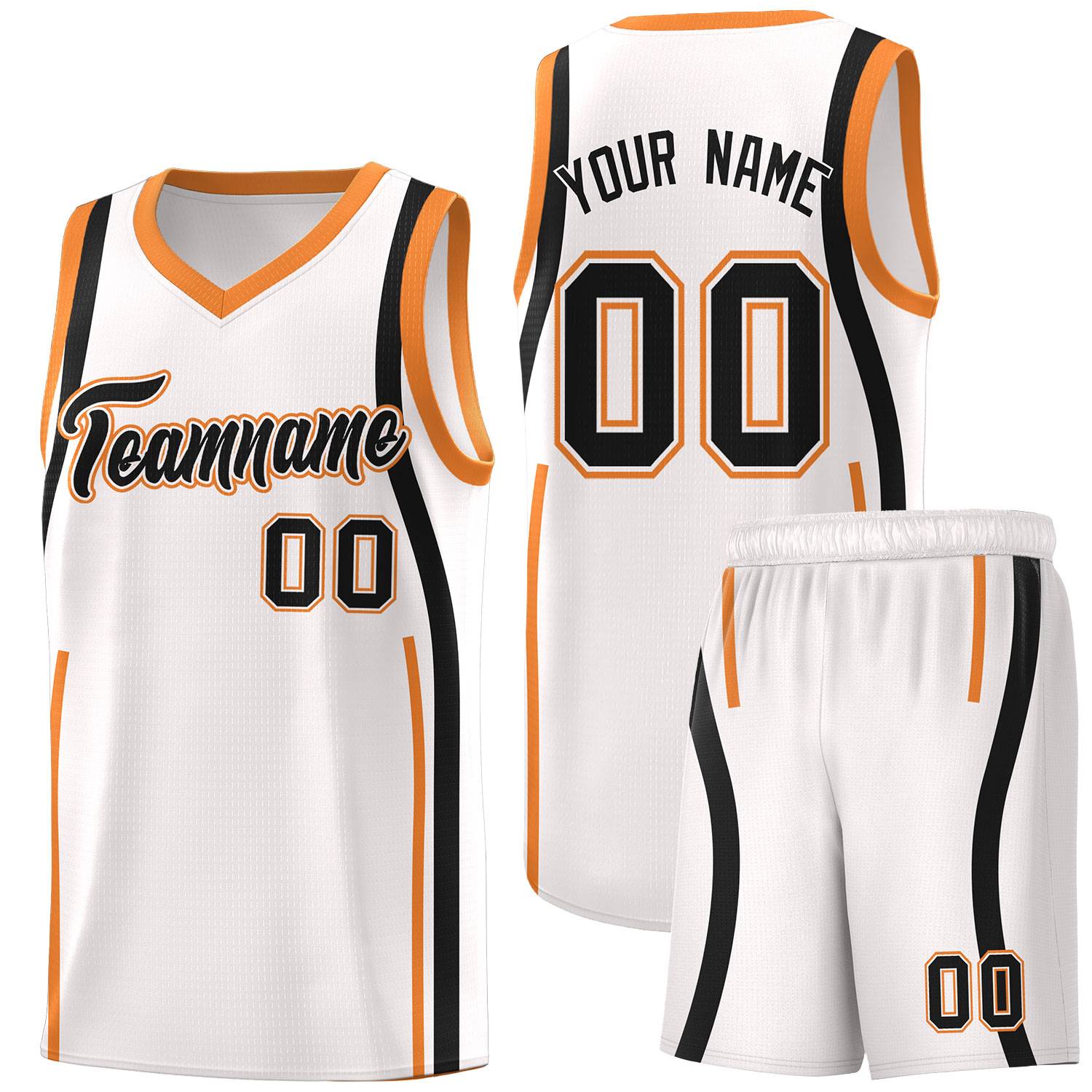 Custom White Gold Orange-Black Ribbon Pattern Basketball Kits