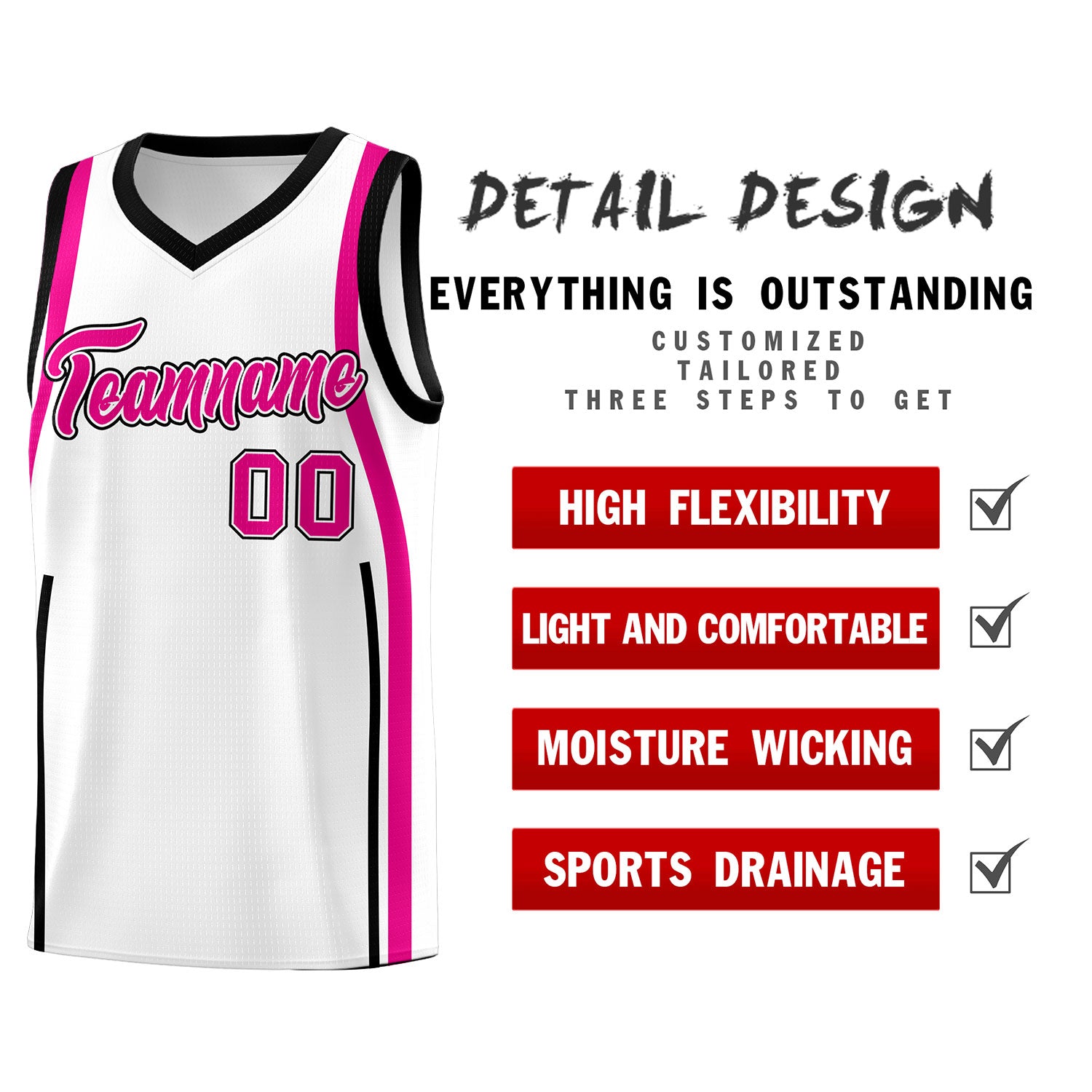 Custom White Pink-Black Ribbon Pattern Basketball Kits
