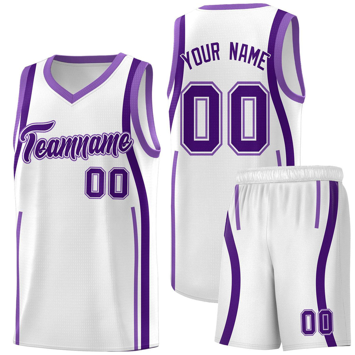 Custom White Purple-Light Purple Ribbon Pattern Basketball Kits