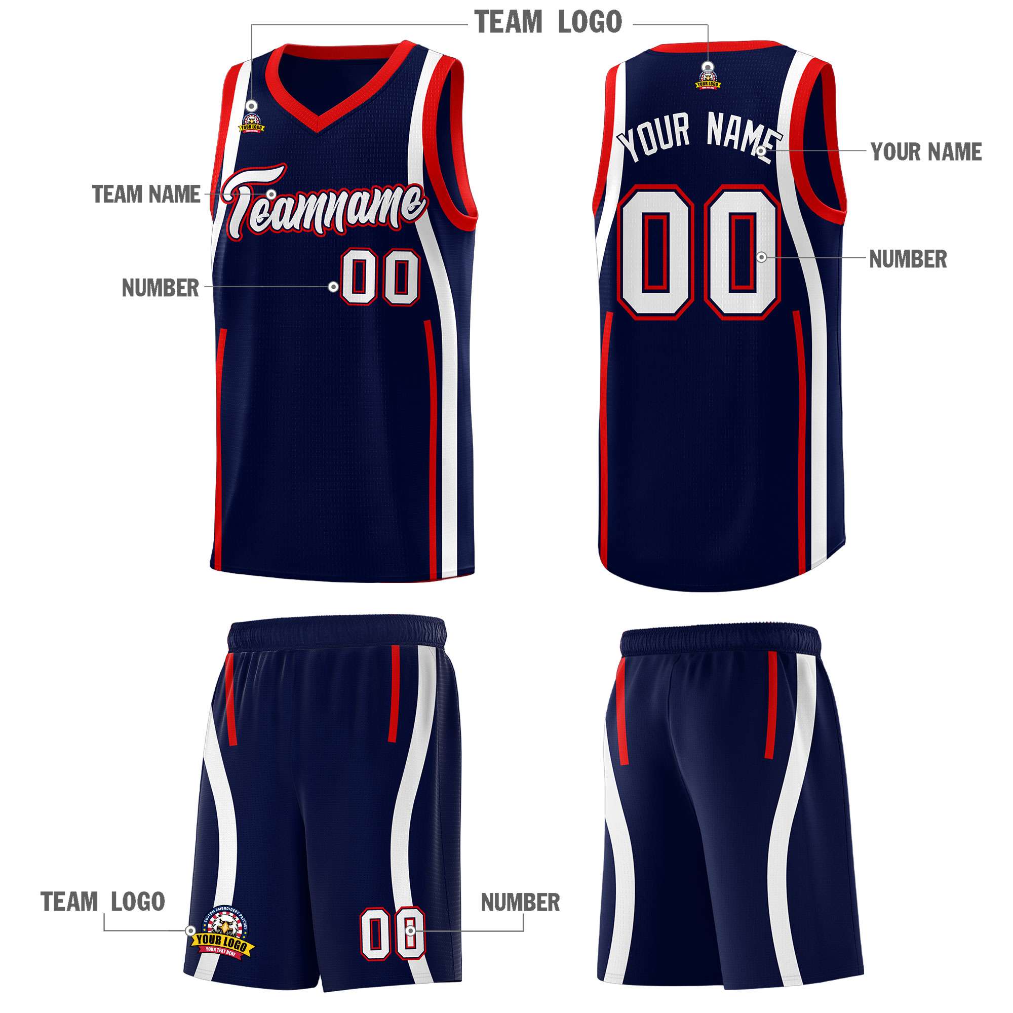 Custom Navy Red-White Ribbon Pattern Basketball Kits