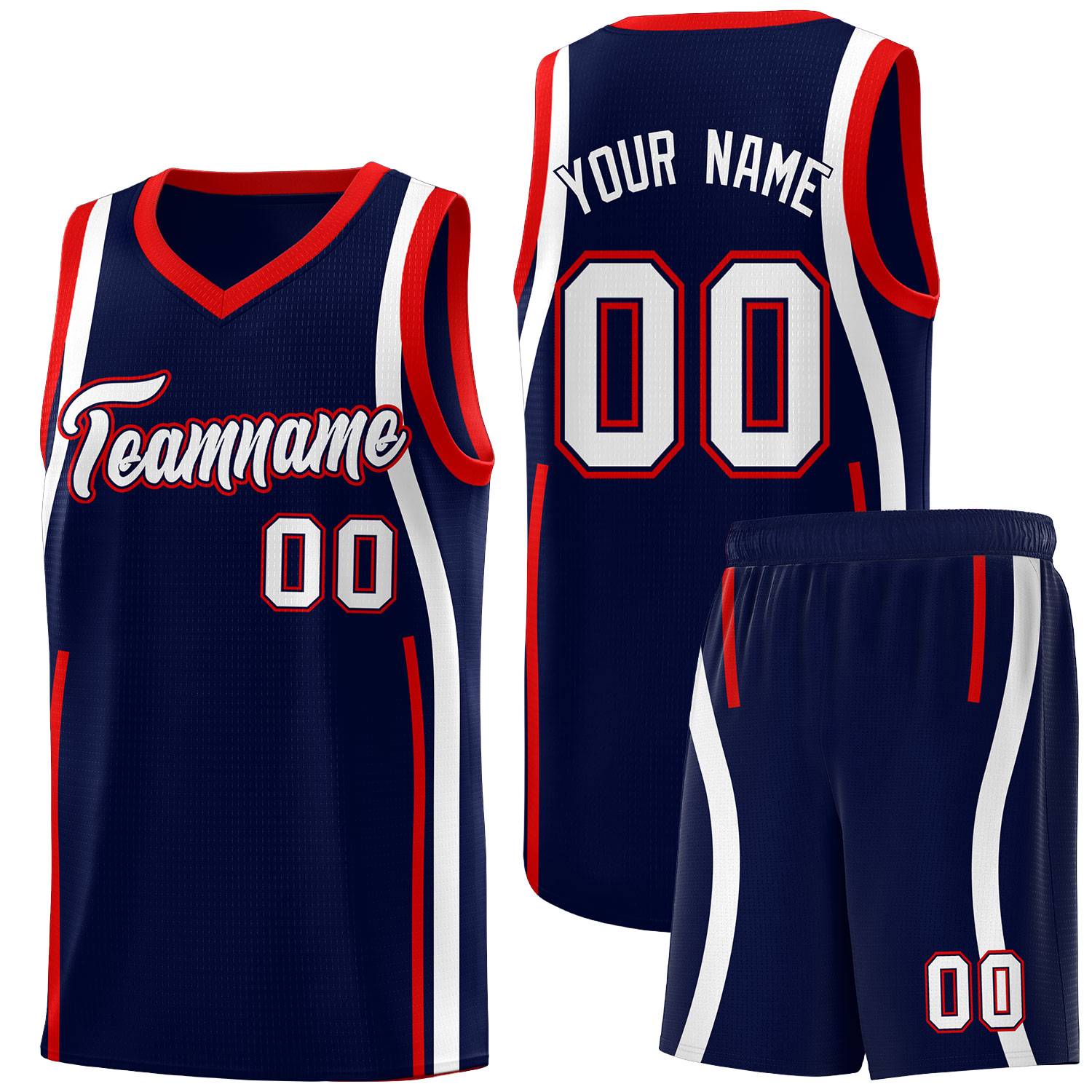 Custom Navy Red-White Ribbon Pattern Basketball Kits