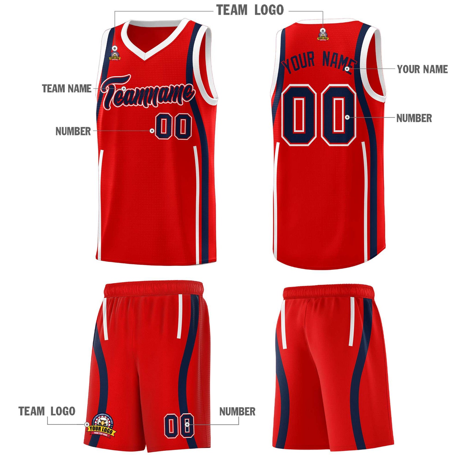 Custom Red Navy-White Ribbon Pattern Basketball Kits