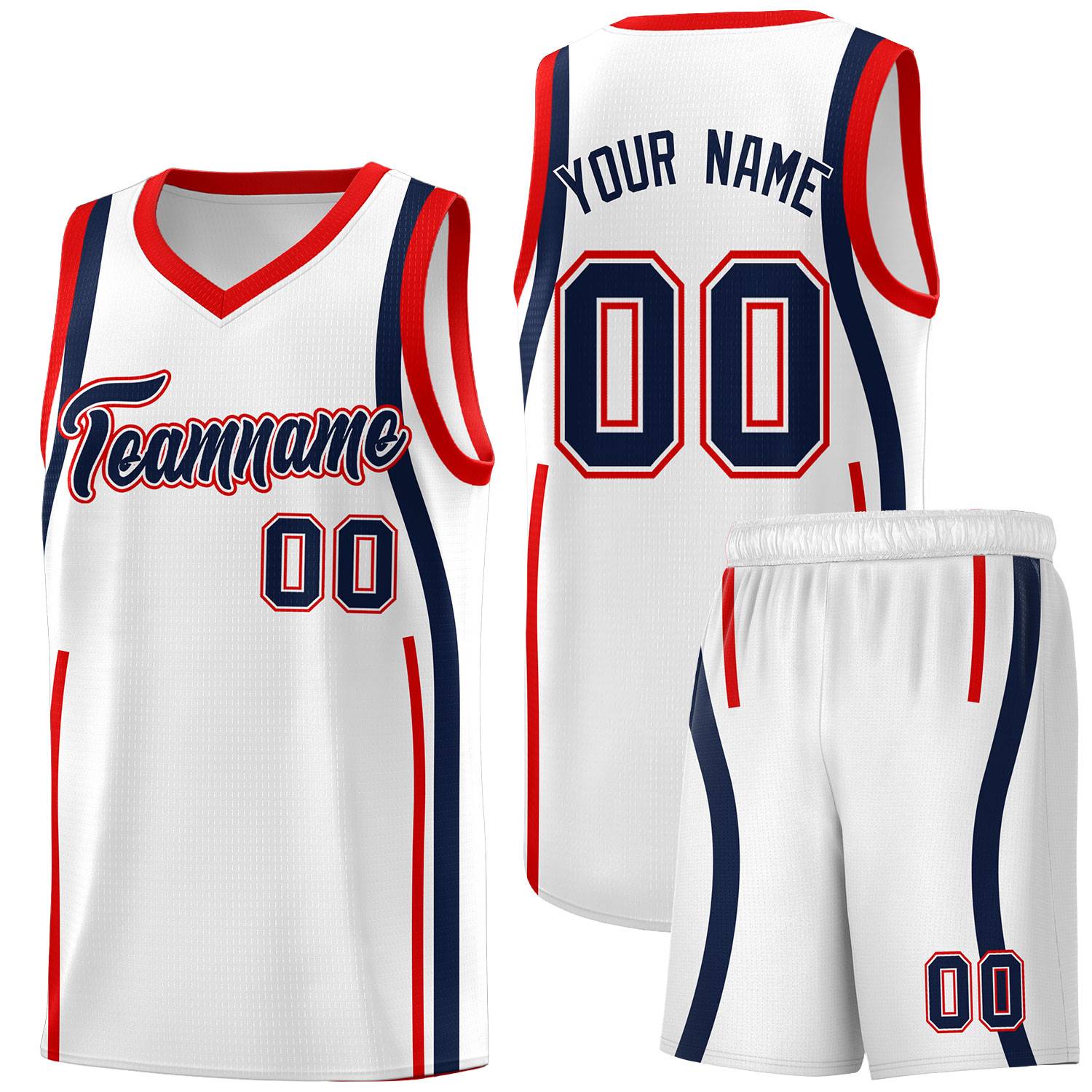 Custom White Navy-Red Ribbon Pattern Basketball Kits
