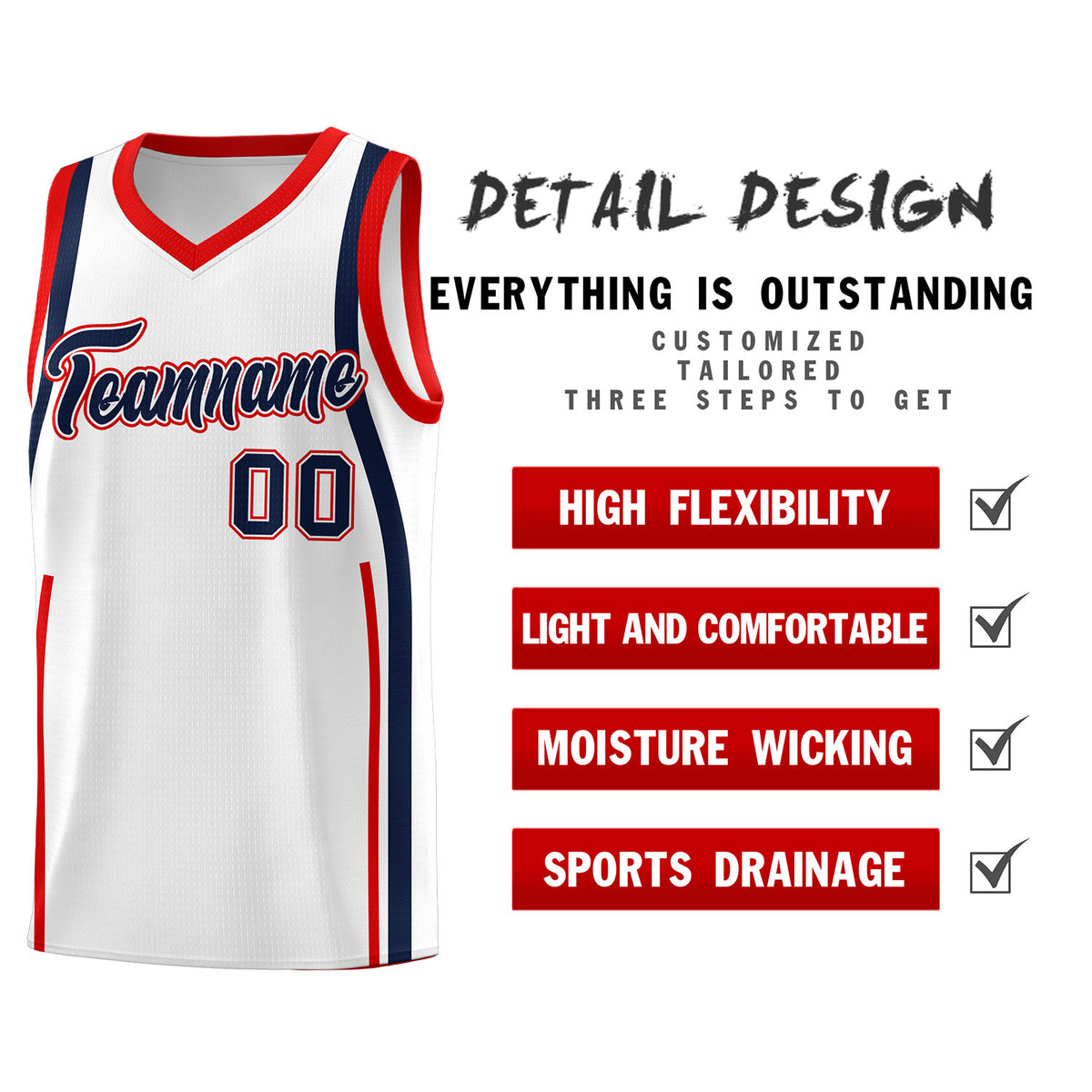 Custom White Navy-Red Ribbon Pattern Basketball Kits