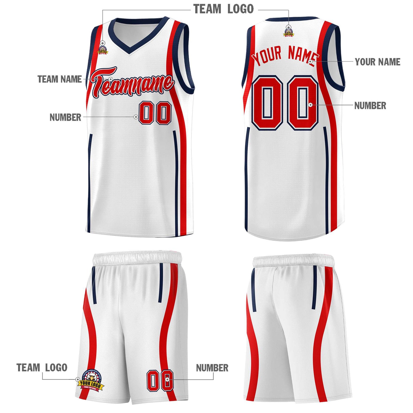 Custom White Navy-Red Ribbon Pattern Basketball Kits