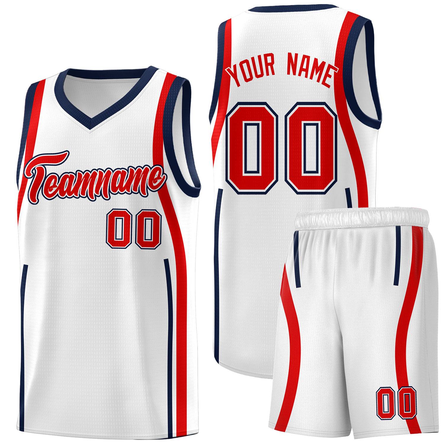 Custom White Navy-Red Ribbon Pattern Basketball Kits