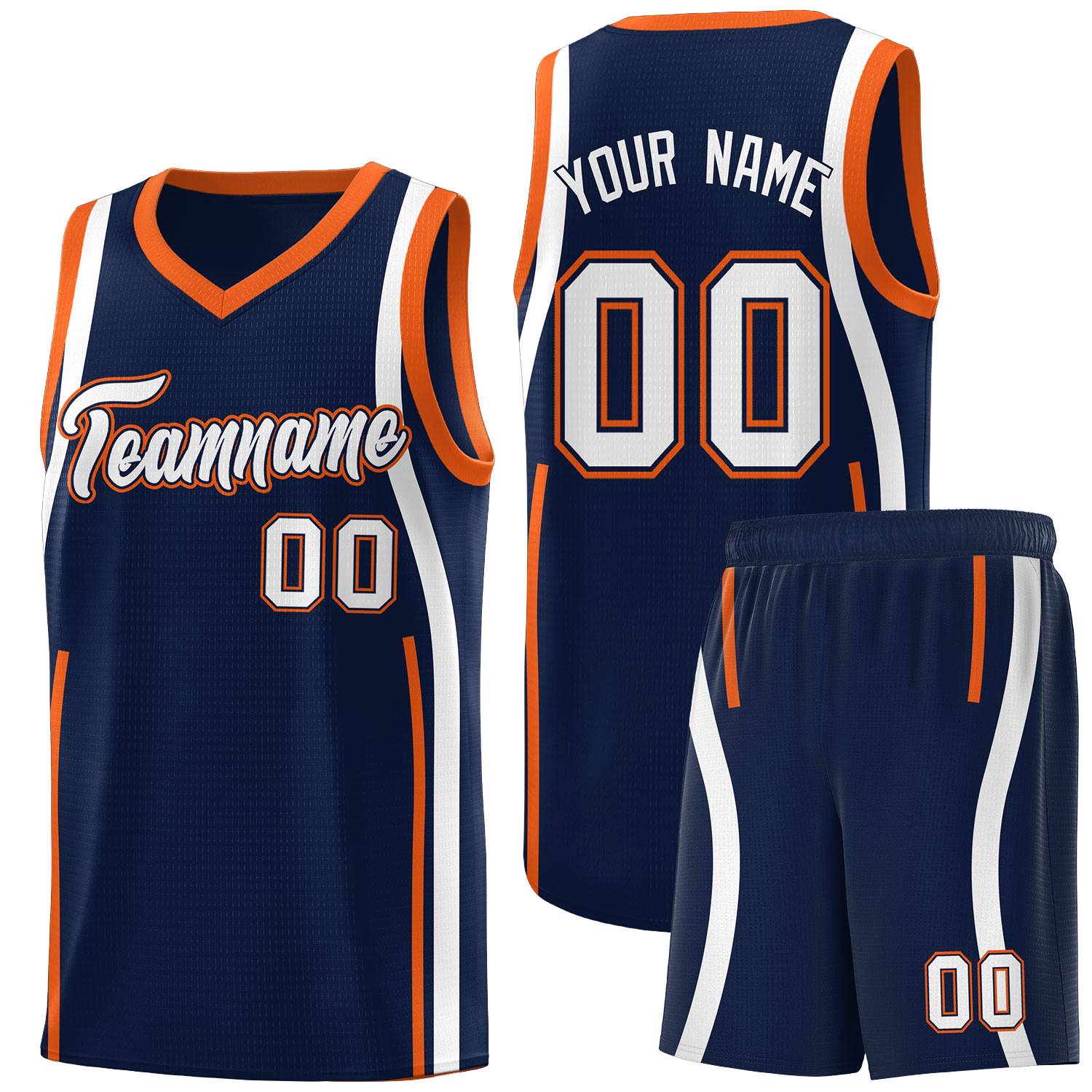 Custom Navy Orange-White Ribbon Pattern Basketball Kits