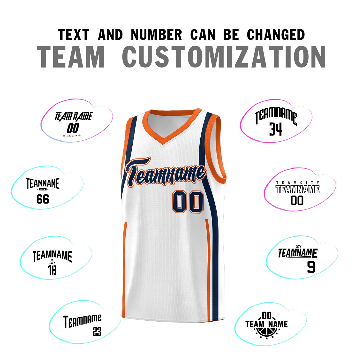 Custom White Navy-Orange Ribbon Pattern Basketball Kits