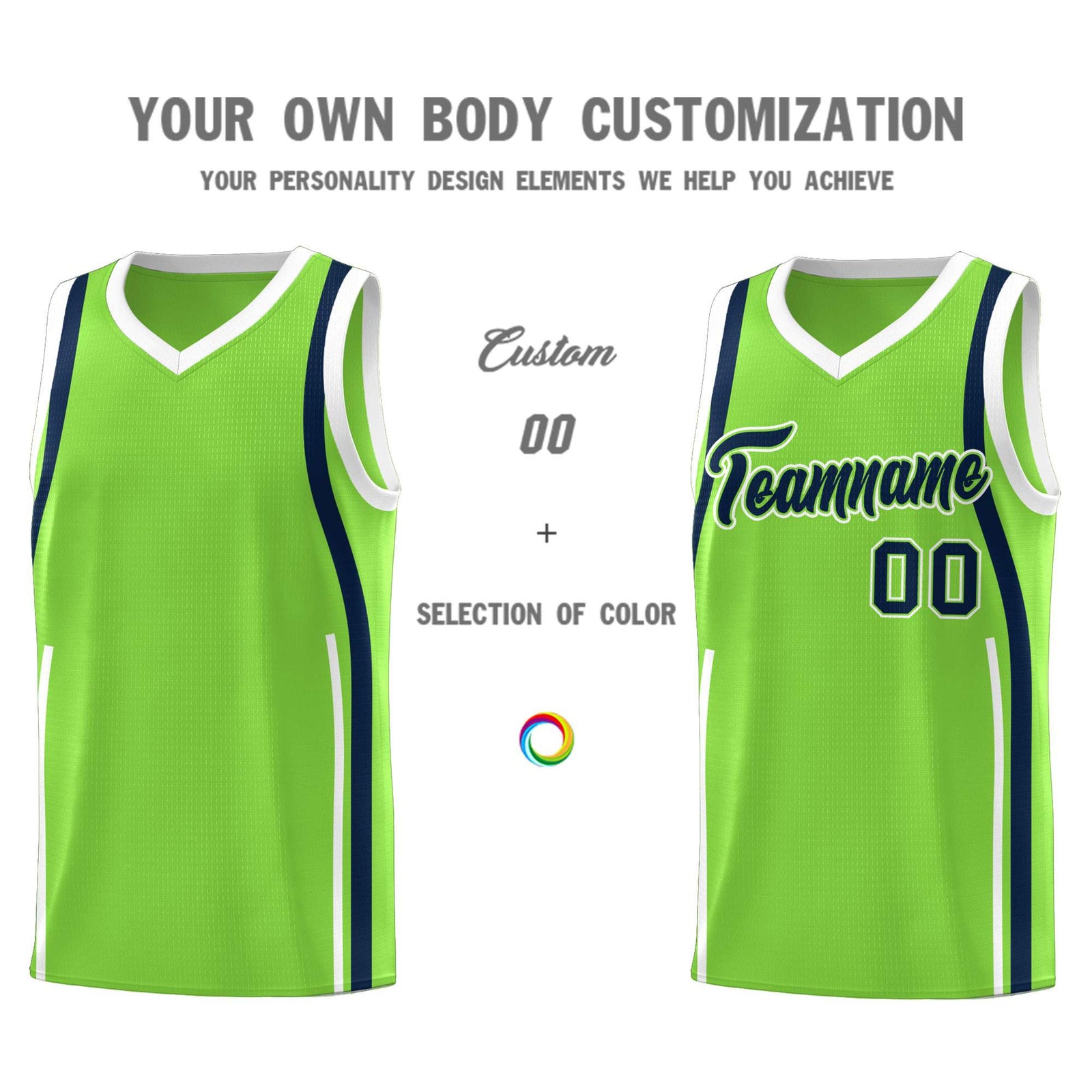 Custom Fluorescent Green Navy-White Ribbon Pattern Basketball Kits