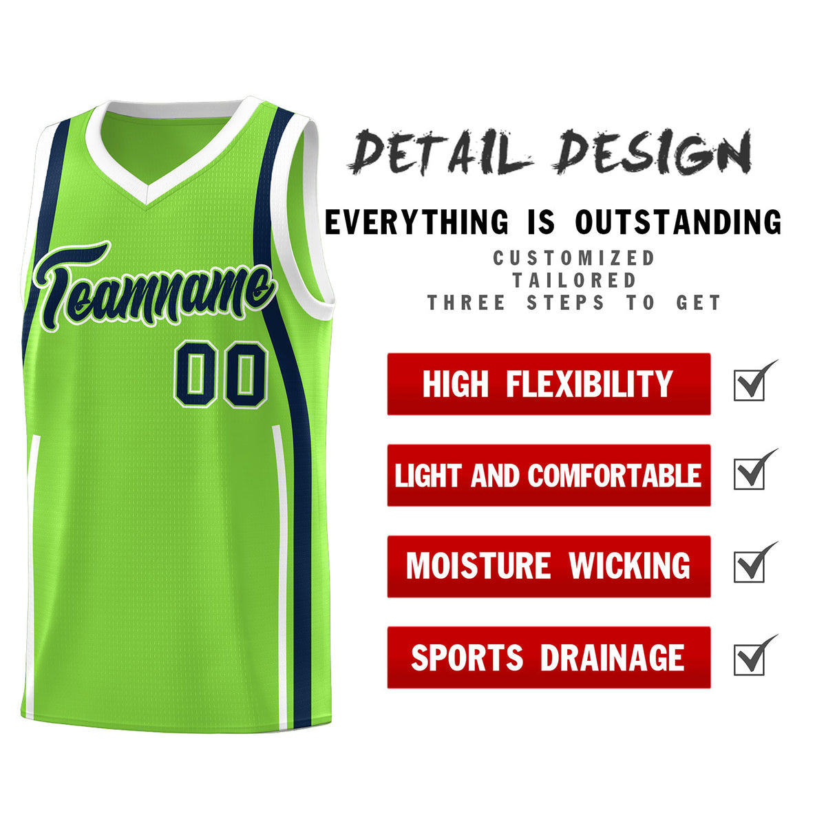 Custom Fluorescent Green Navy-White Ribbon Pattern Basketball Kits