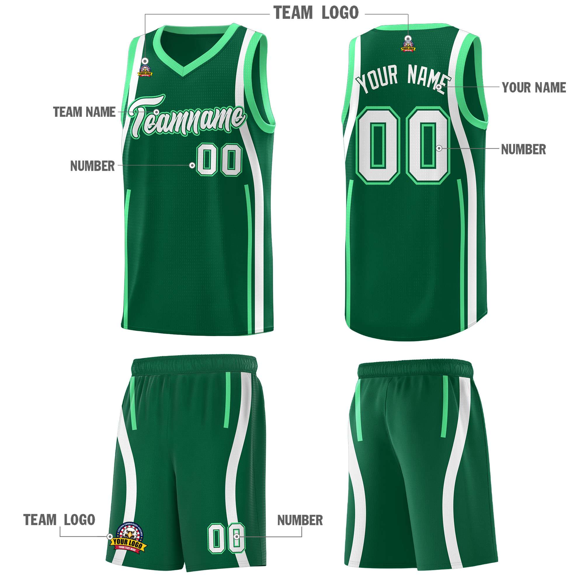 Custom Kelly Green Green-White Ribbon Pattern Basketball Kits