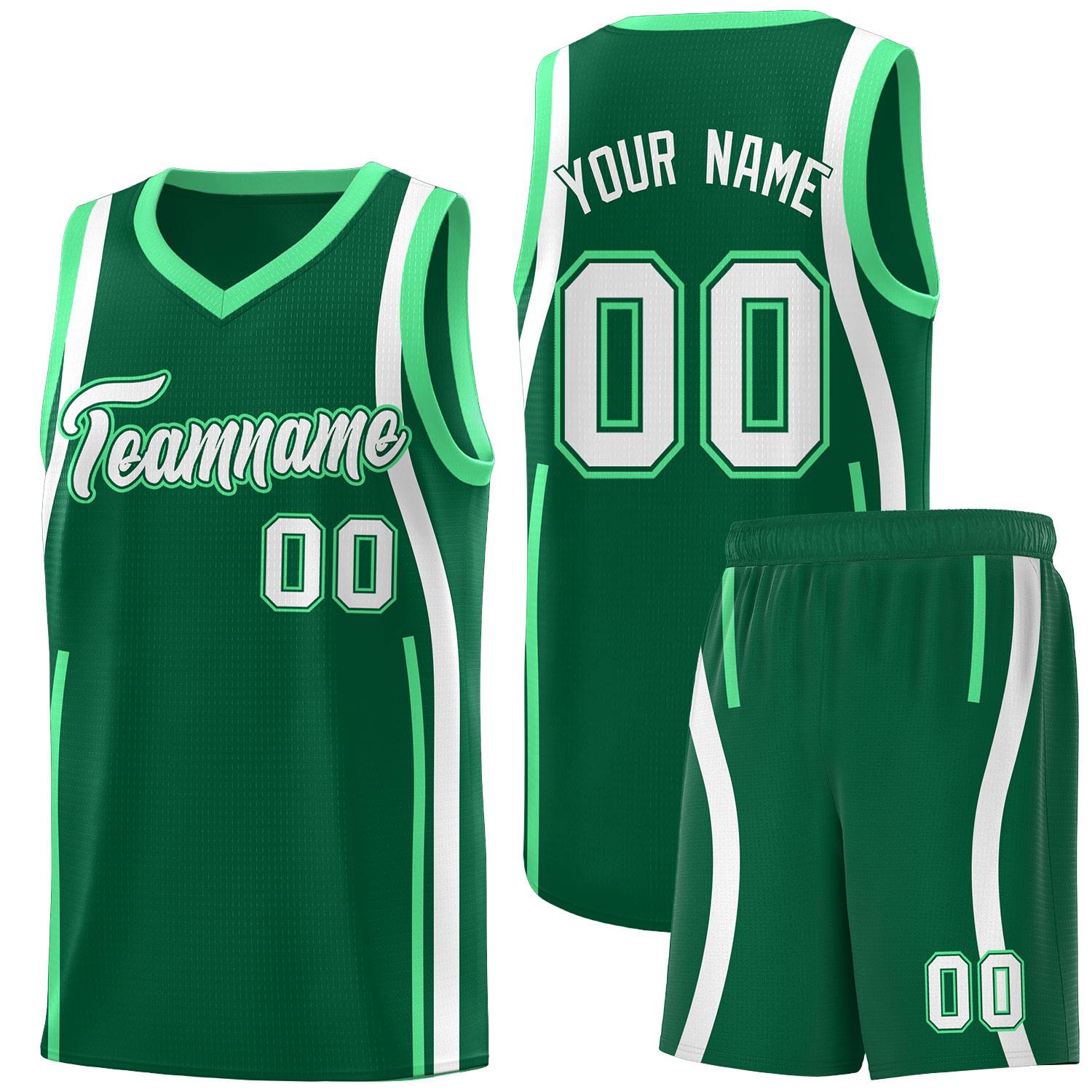 Custom Kelly Green Green-White Ribbon Pattern Basketball Kits