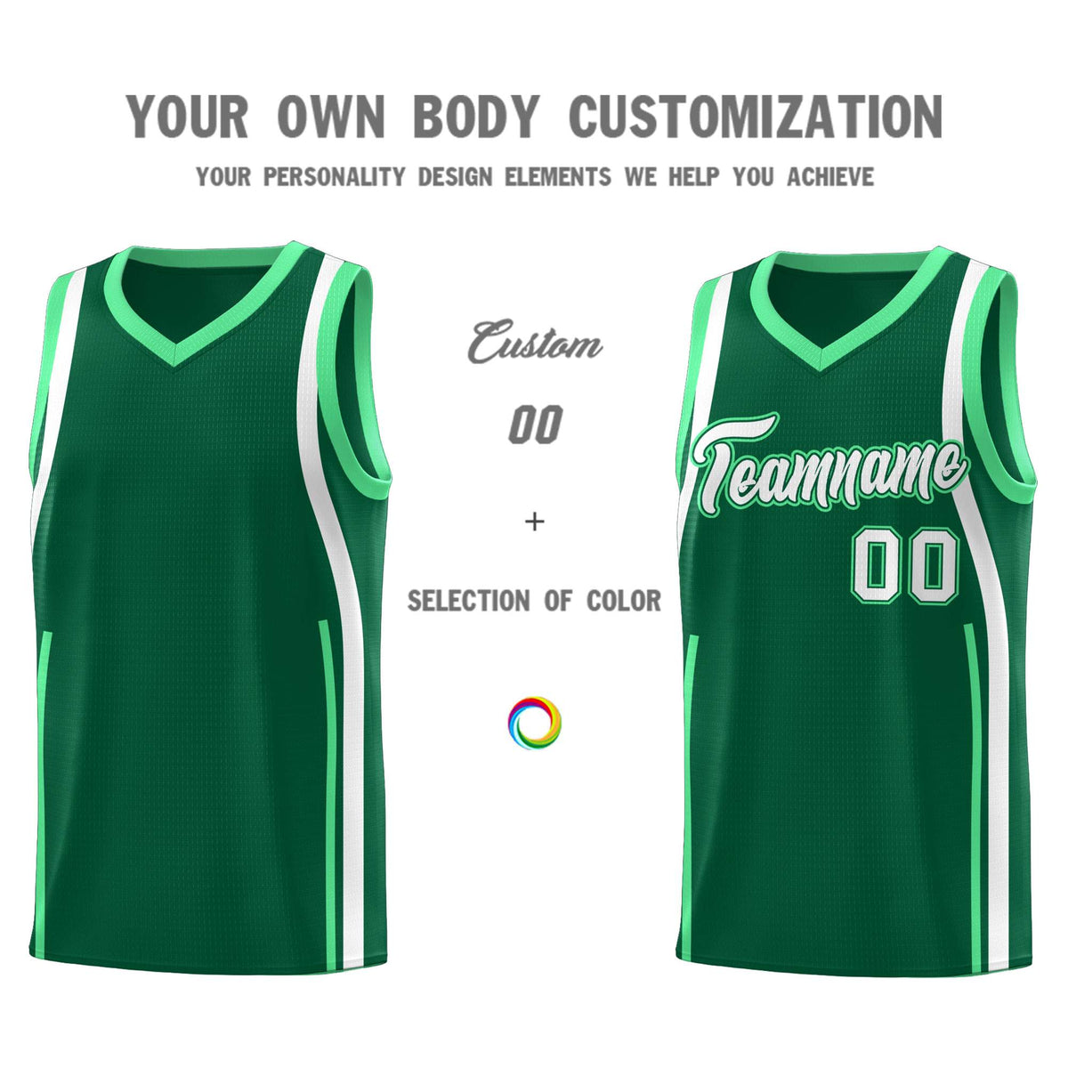 Custom Kelly Green Green-White Ribbon Pattern Basketball Kits