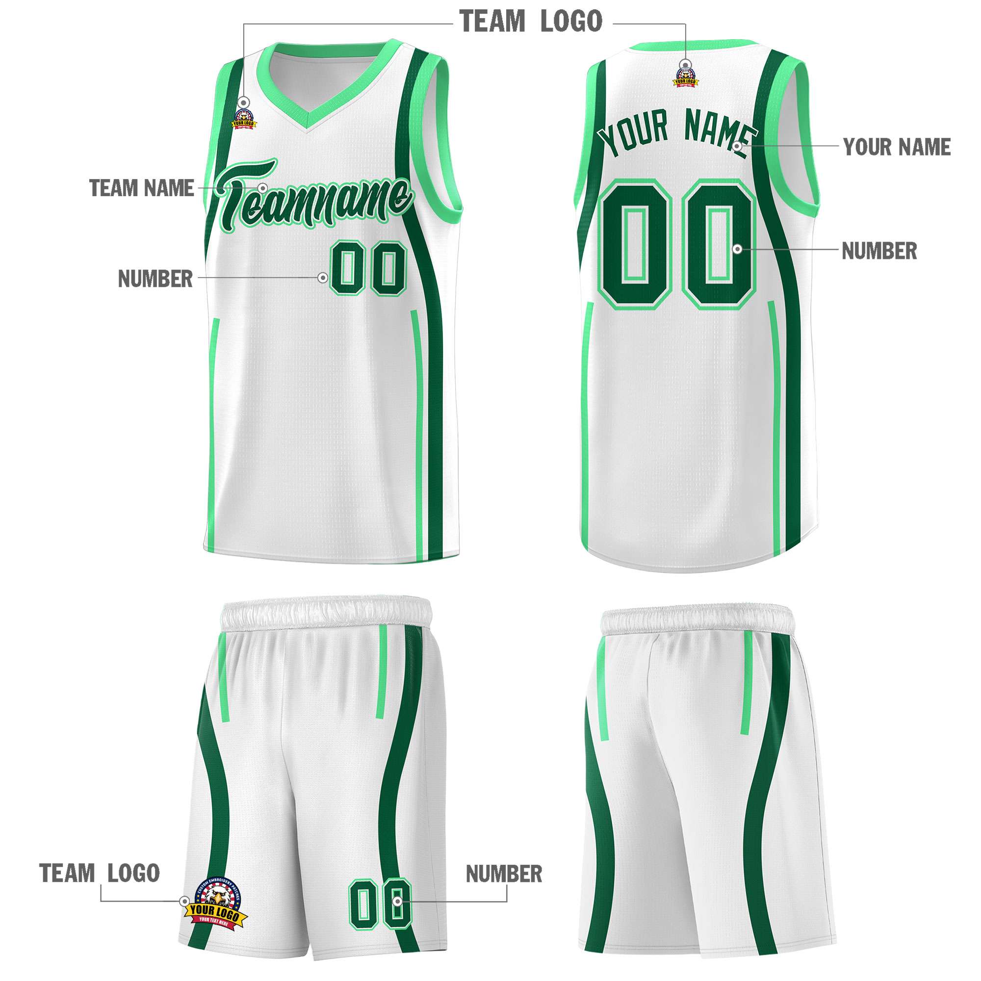 Custom White Kelly Green-Green Ribbon Pattern Basketball Kits
