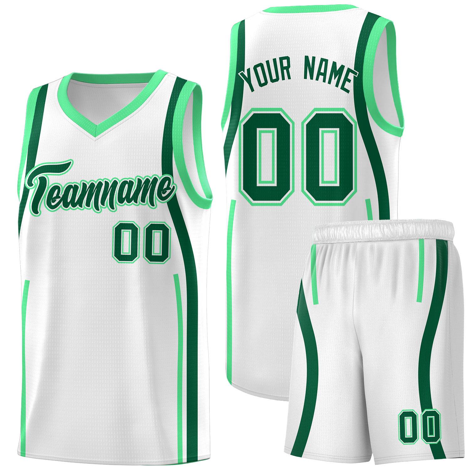 Custom White Kelly Green-Green Ribbon Pattern Basketball Kits