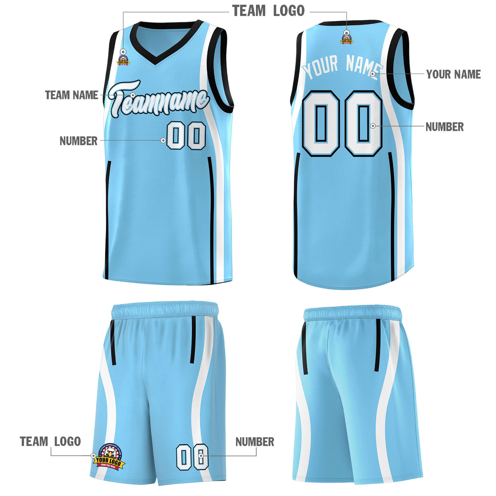 Custom Light Blue Black-White Ribbon Pattern Basketball Kits