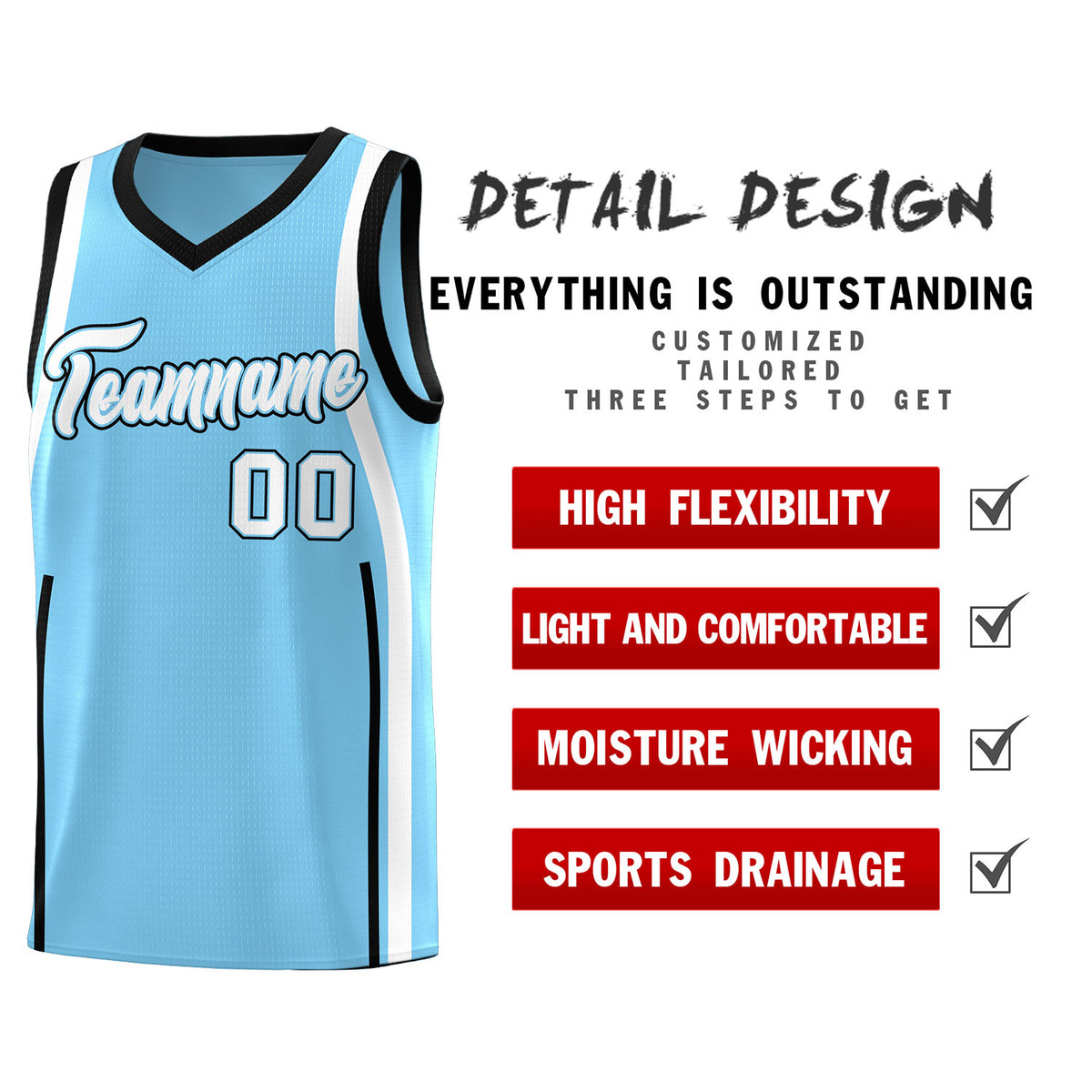 Custom Light Blue Black-White Ribbon Pattern Basketball Kits